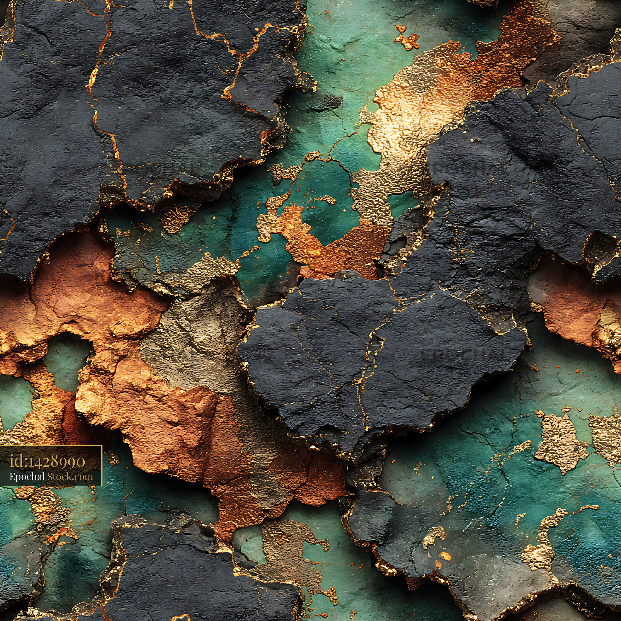 Dark Slate and Gold Veined Rock Seamless Pattern - stock photo