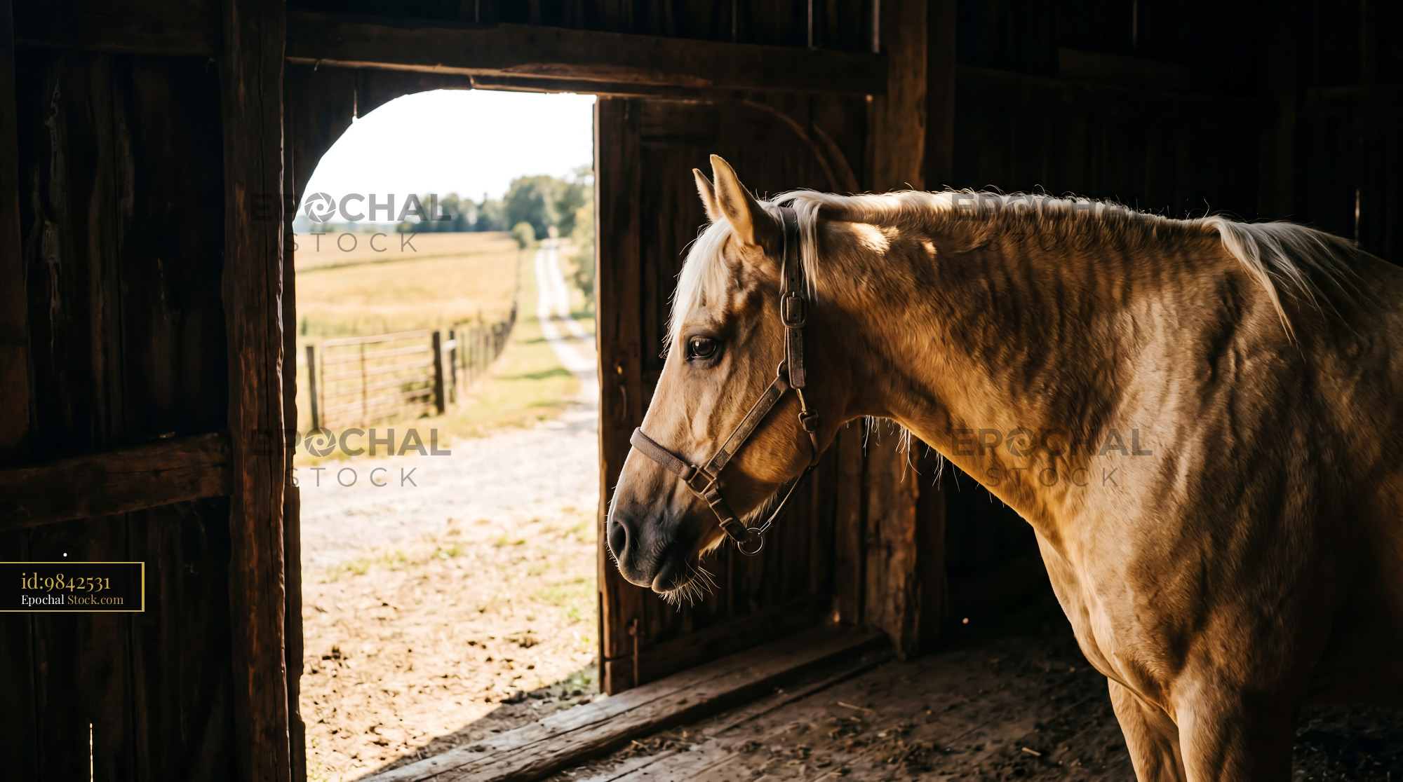 Golden Palomino Horse Rustic Barn Interior - stock photo