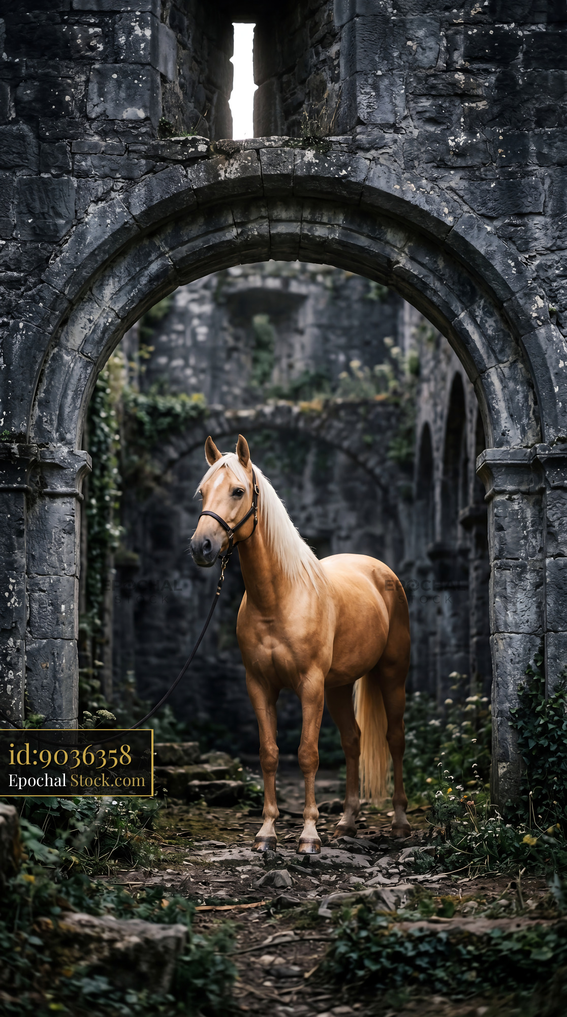 Golden Palomino Horse in Ancient Stone Ruins - stock photo