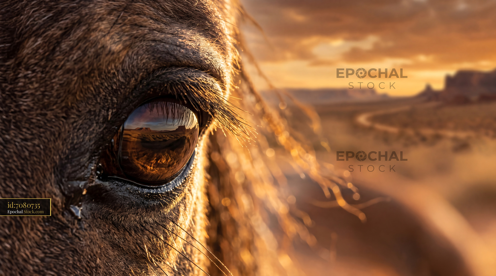 Golden Mustang Eye Desert Reflection Macro - stock photo