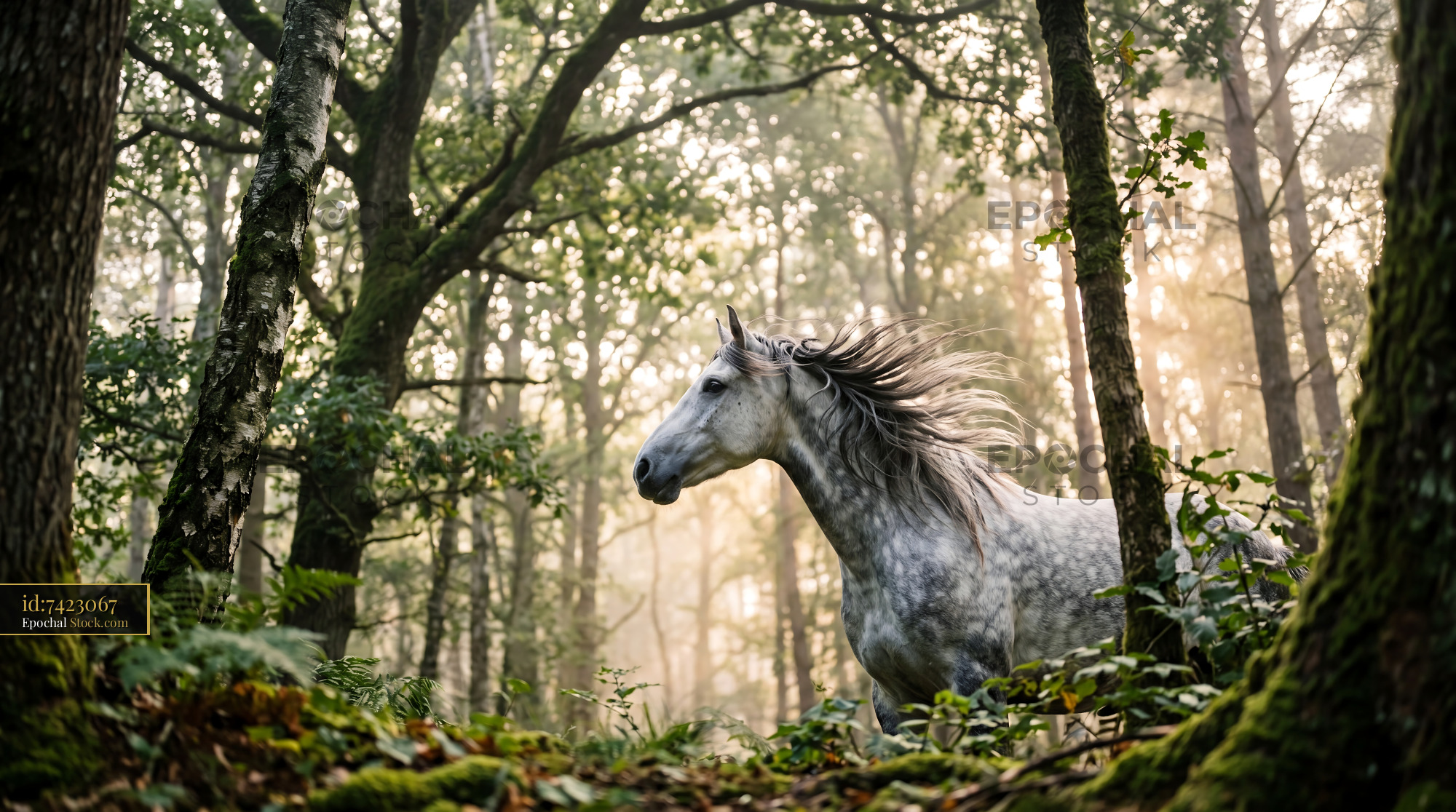 Dappled Grey Horse Mane Blowing in Misty Forest - stock photo