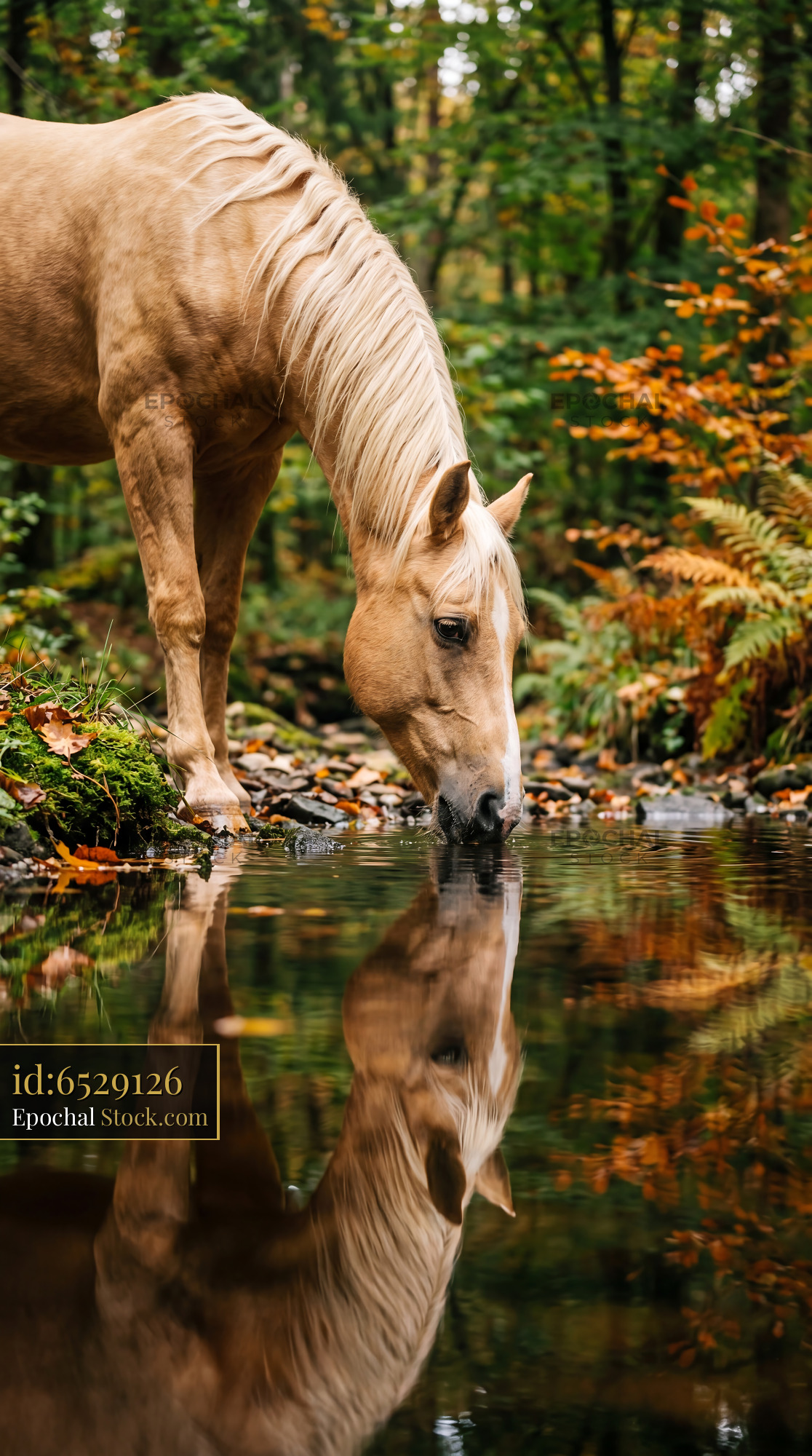 Serene Palomino Horse Pond Reflection Wallpaper - stock photo