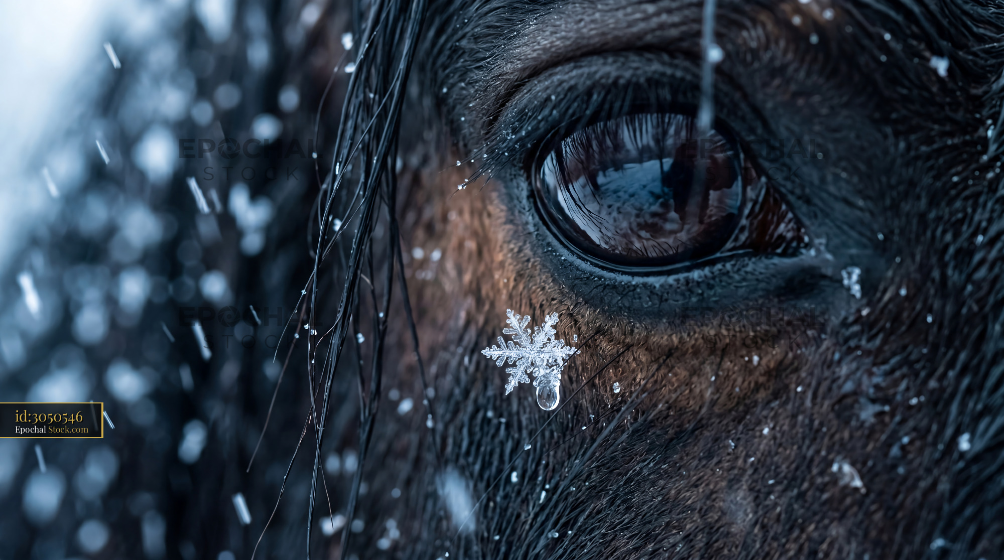 Winter Horse Eye Macro with Melting Snowflake - stock photo