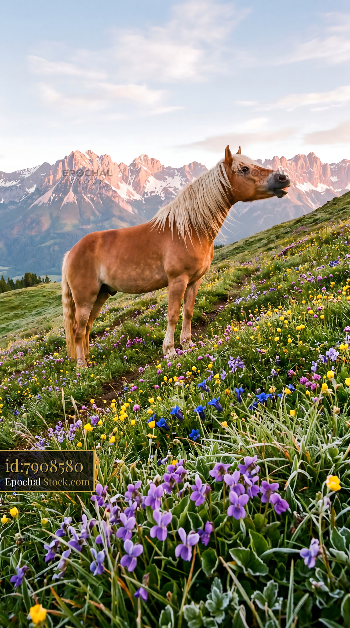 Sunlit Haflinger Horse in Mountain Wildflowers - stock photo