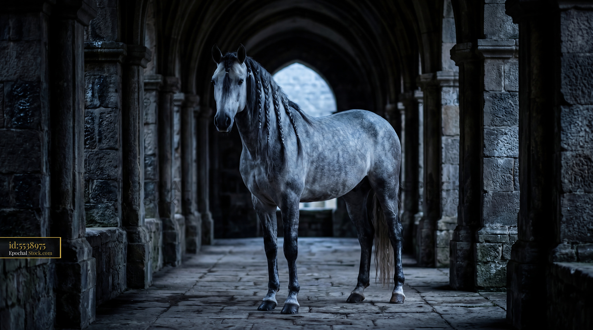 Majestic Grey Horse Moonlit Stone Corridor - stock photo