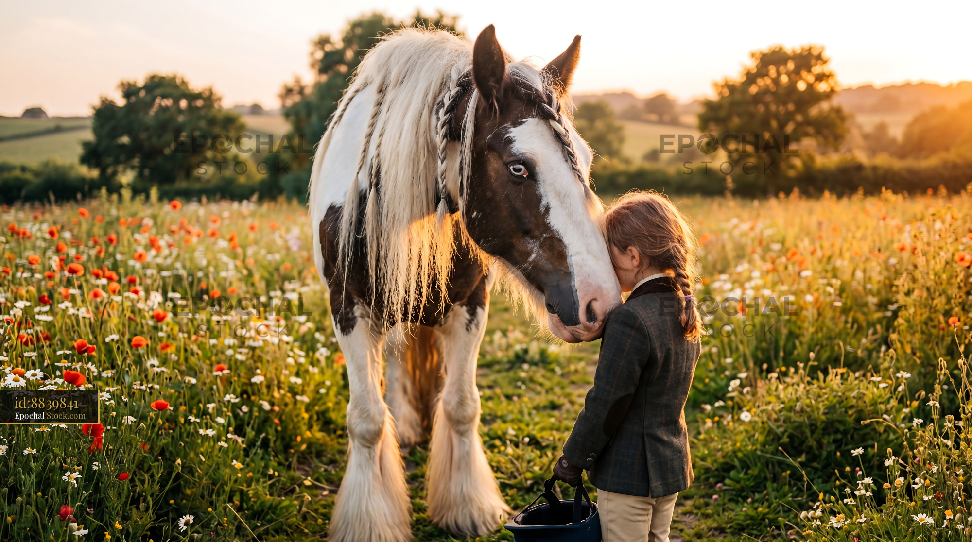 Gentle Gypsy Vanner Horse and Child Sunset - stock photo