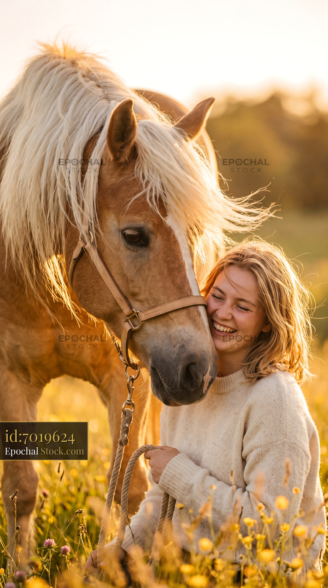 Golden Hour Haflinger Horse Nuzzle Portrait - stock photo