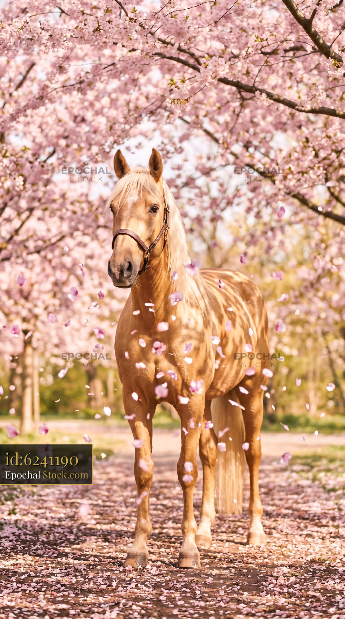 Golden Palomino Horse in Pink Cherry Blossoms - stock photo
