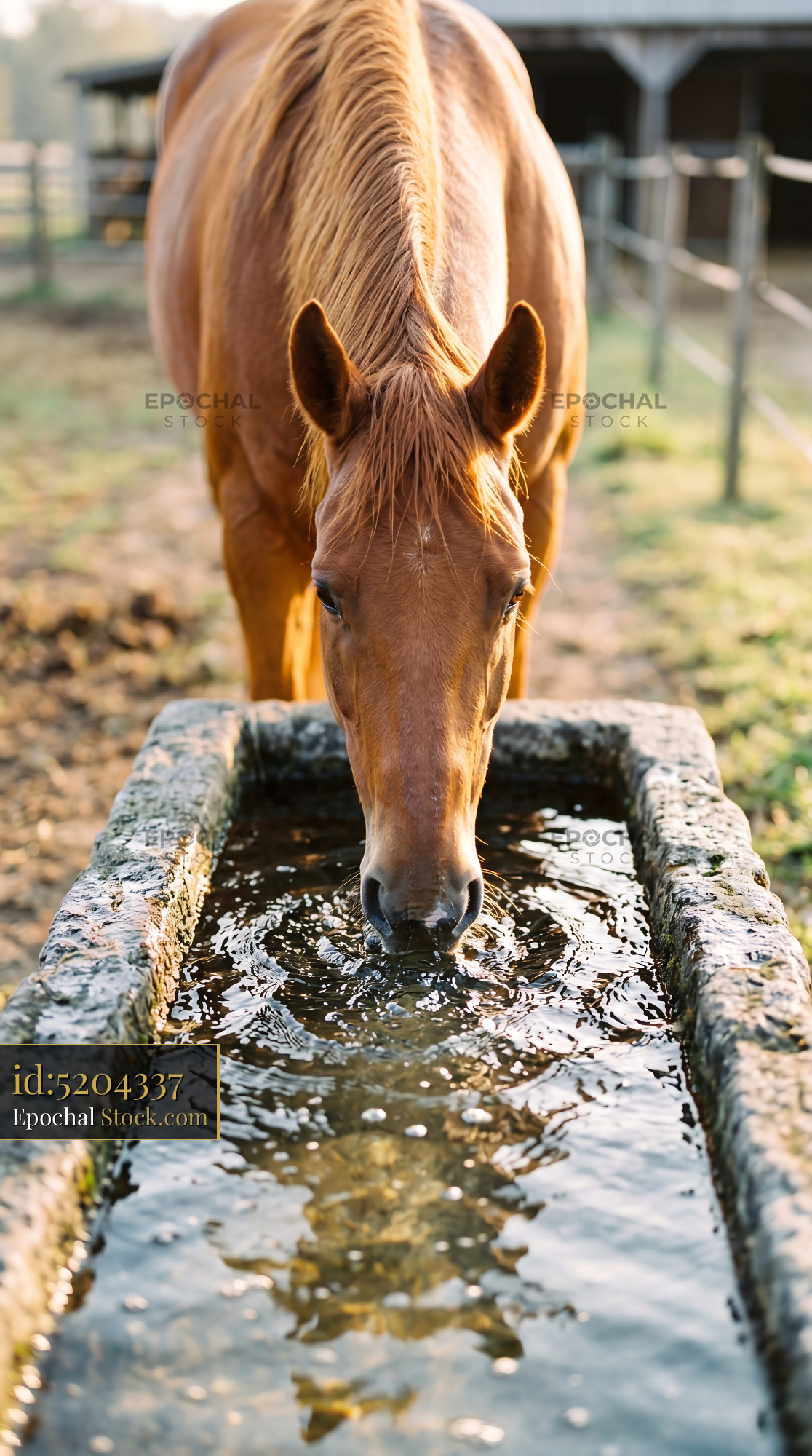 Chestnut Horse Drinking in Morning Light - stock photo