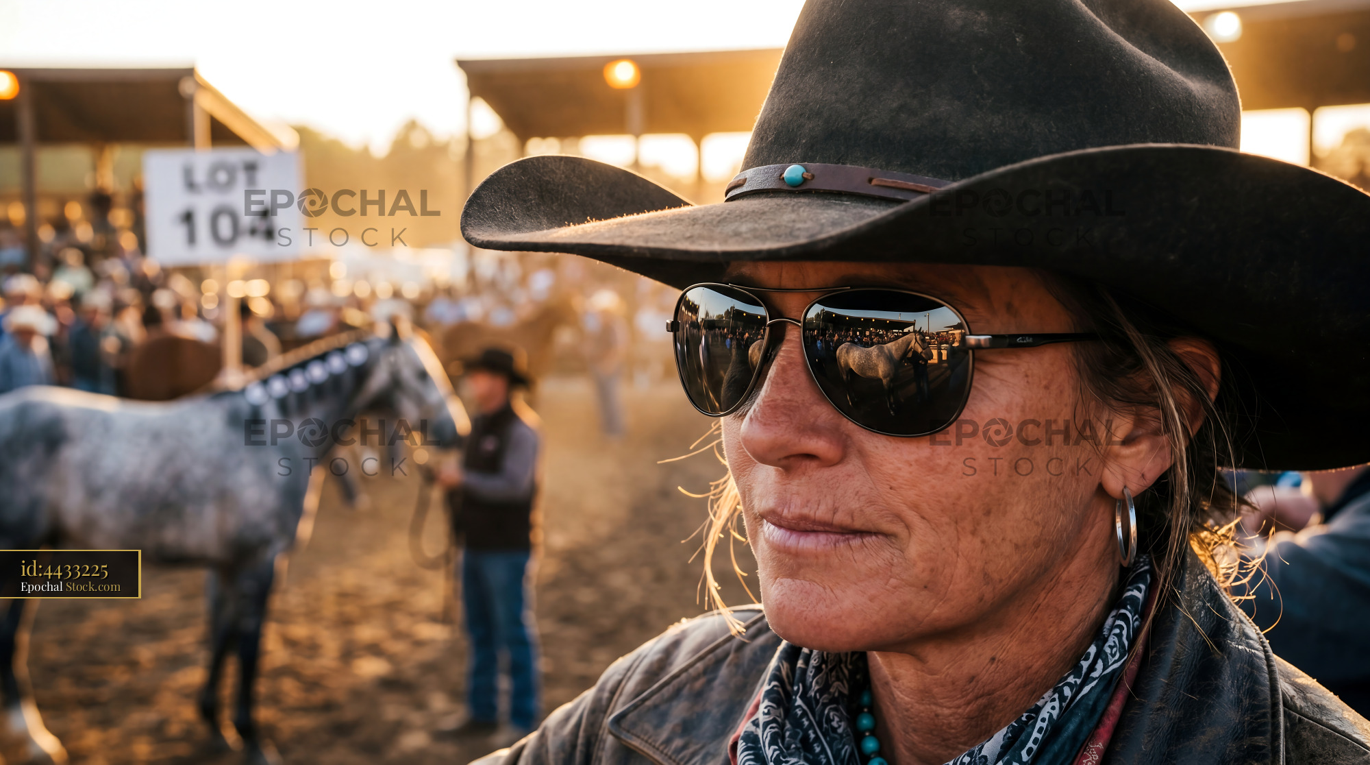 Golden Hour Cowgirl Auction Reflection - stock photo