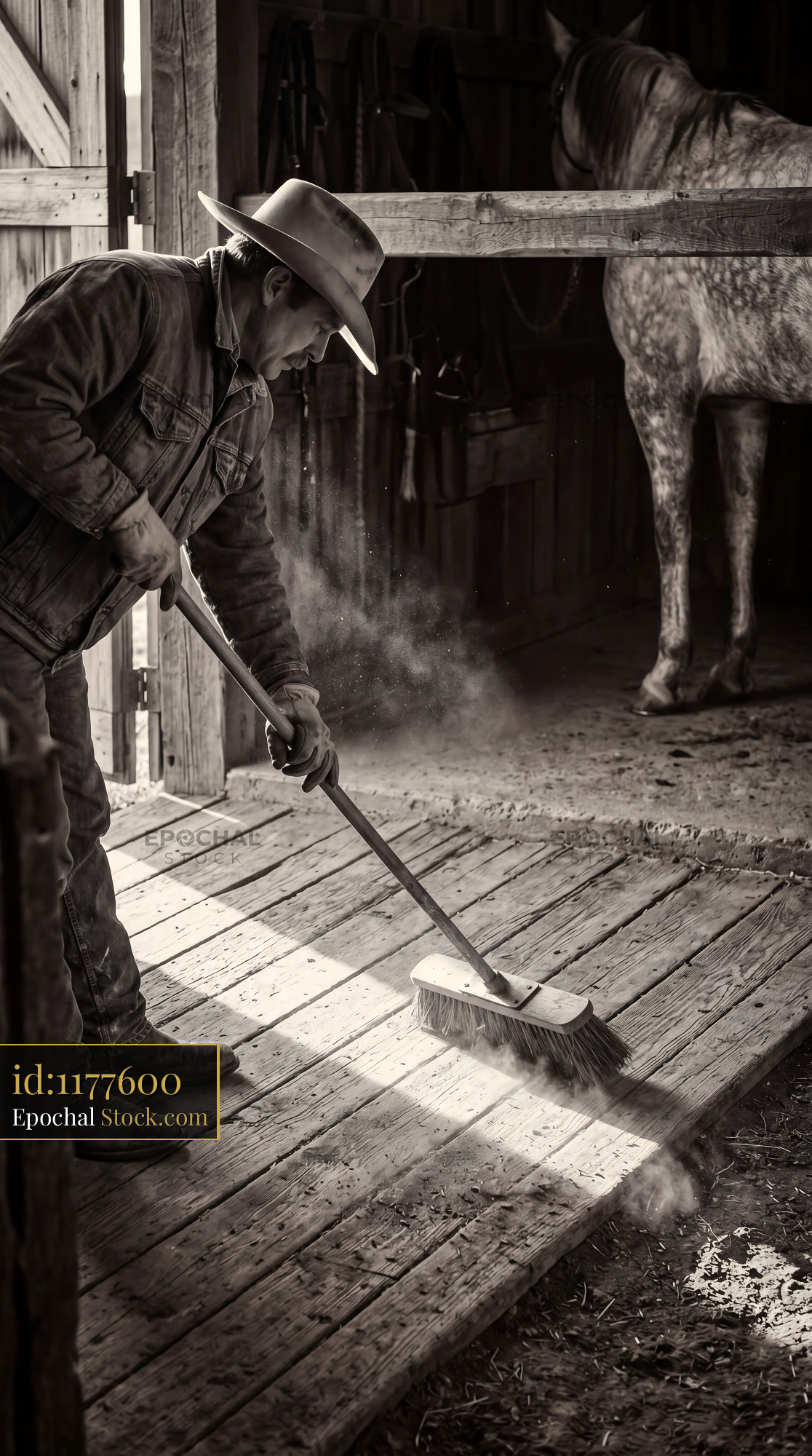 Vintage Sepia Cowboy Sweeping Stable Porch