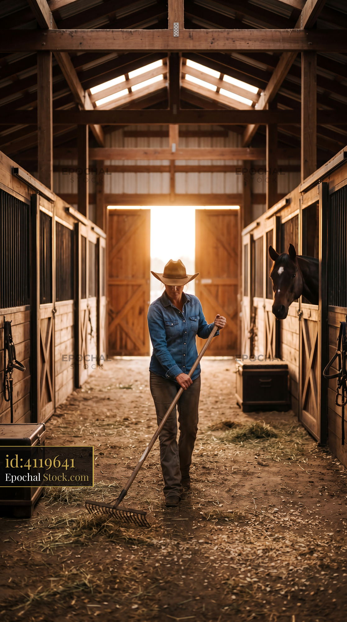 Rustic Cowgirl Barn Sunset Scene - stock photo