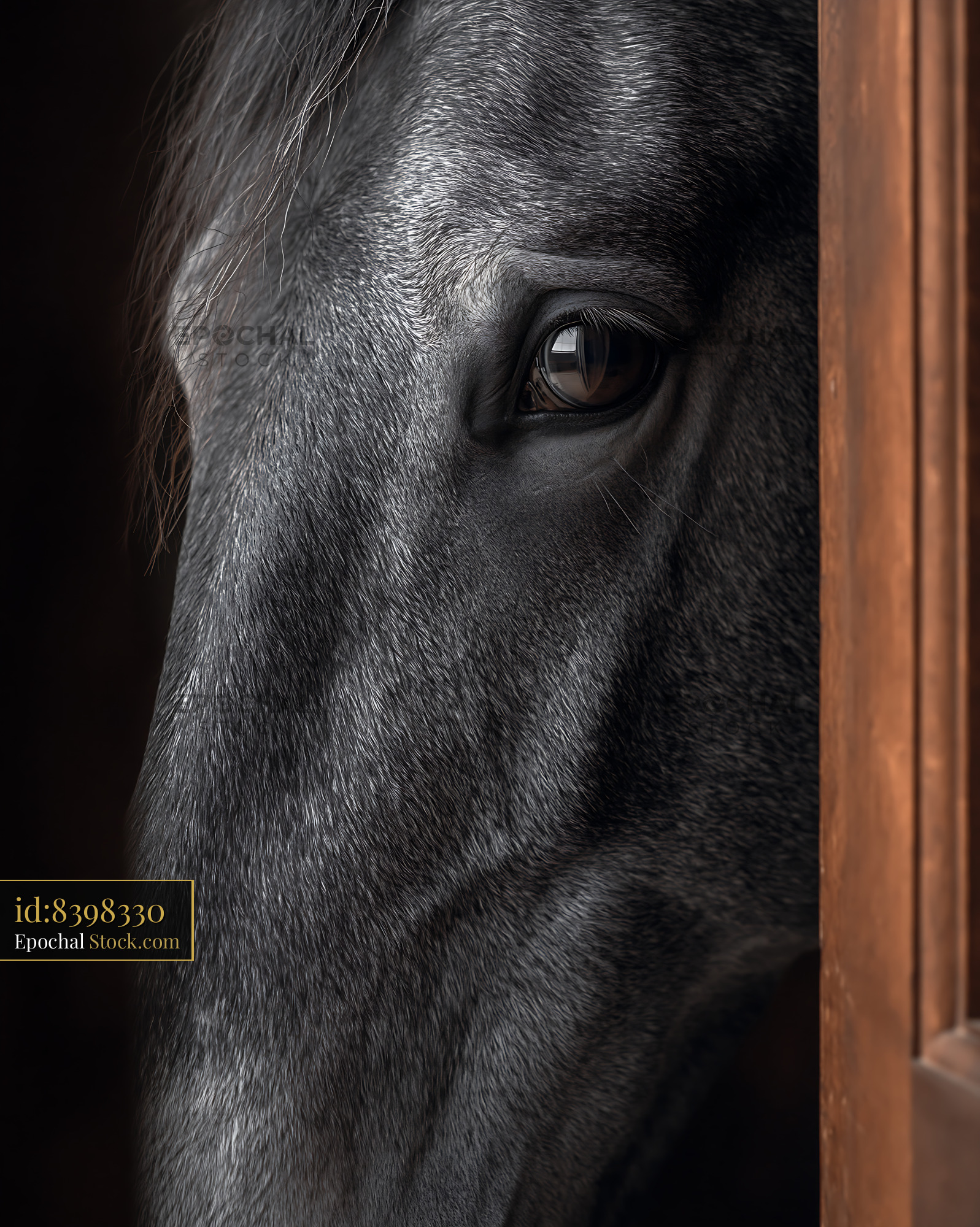 Close up of a grey horse looking out from a stable door