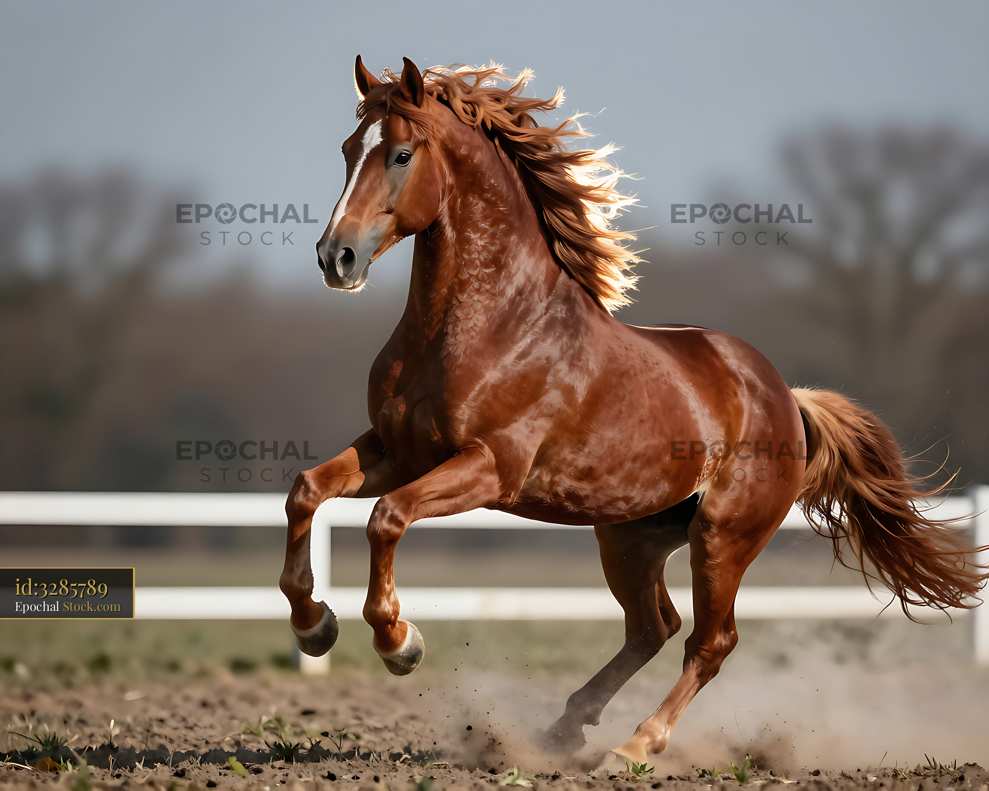 Powerful chestnut horse rearing and galloping in a sunny paddock - stock photo