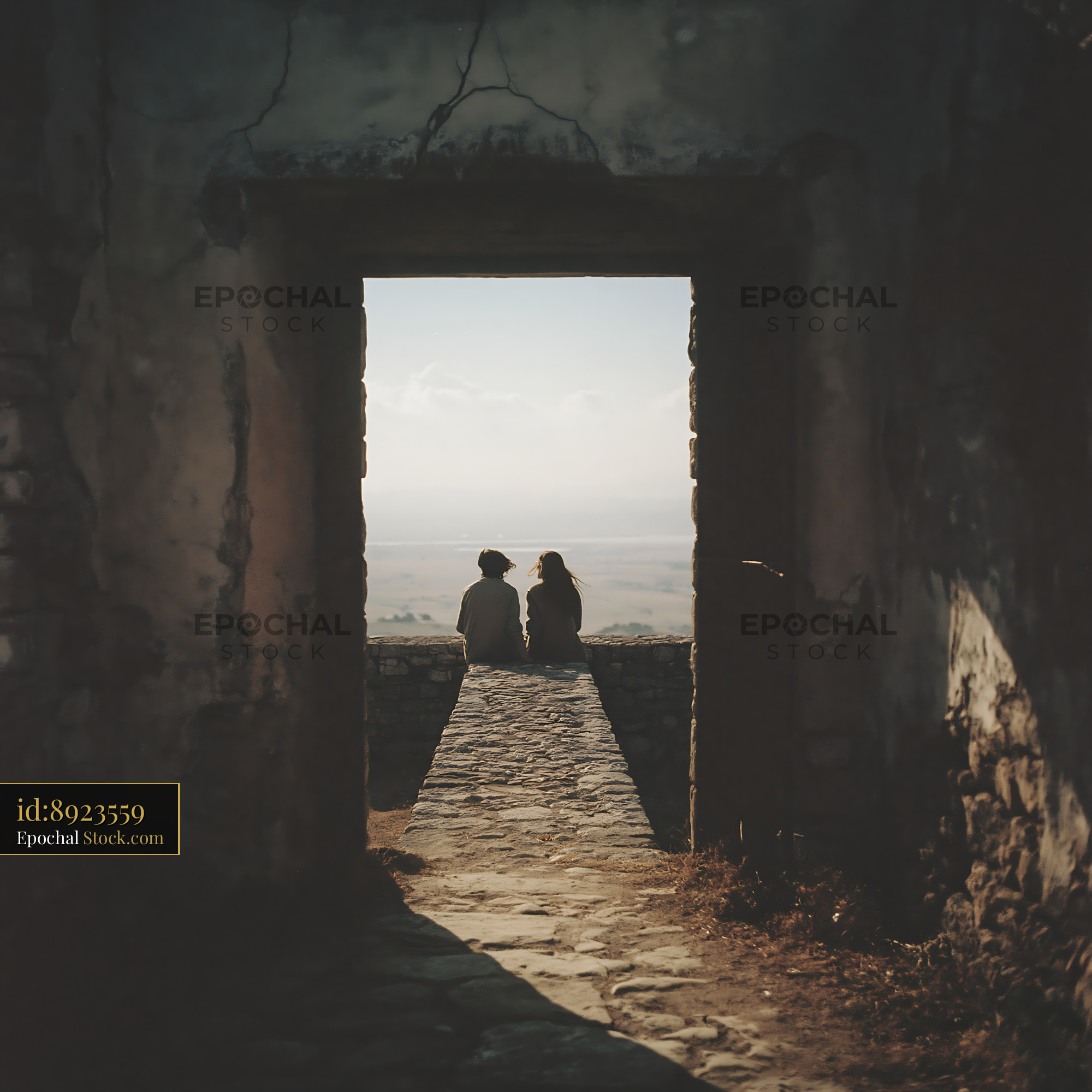 Young couple sitting on stone wall looking at scenic landscape - stock photo