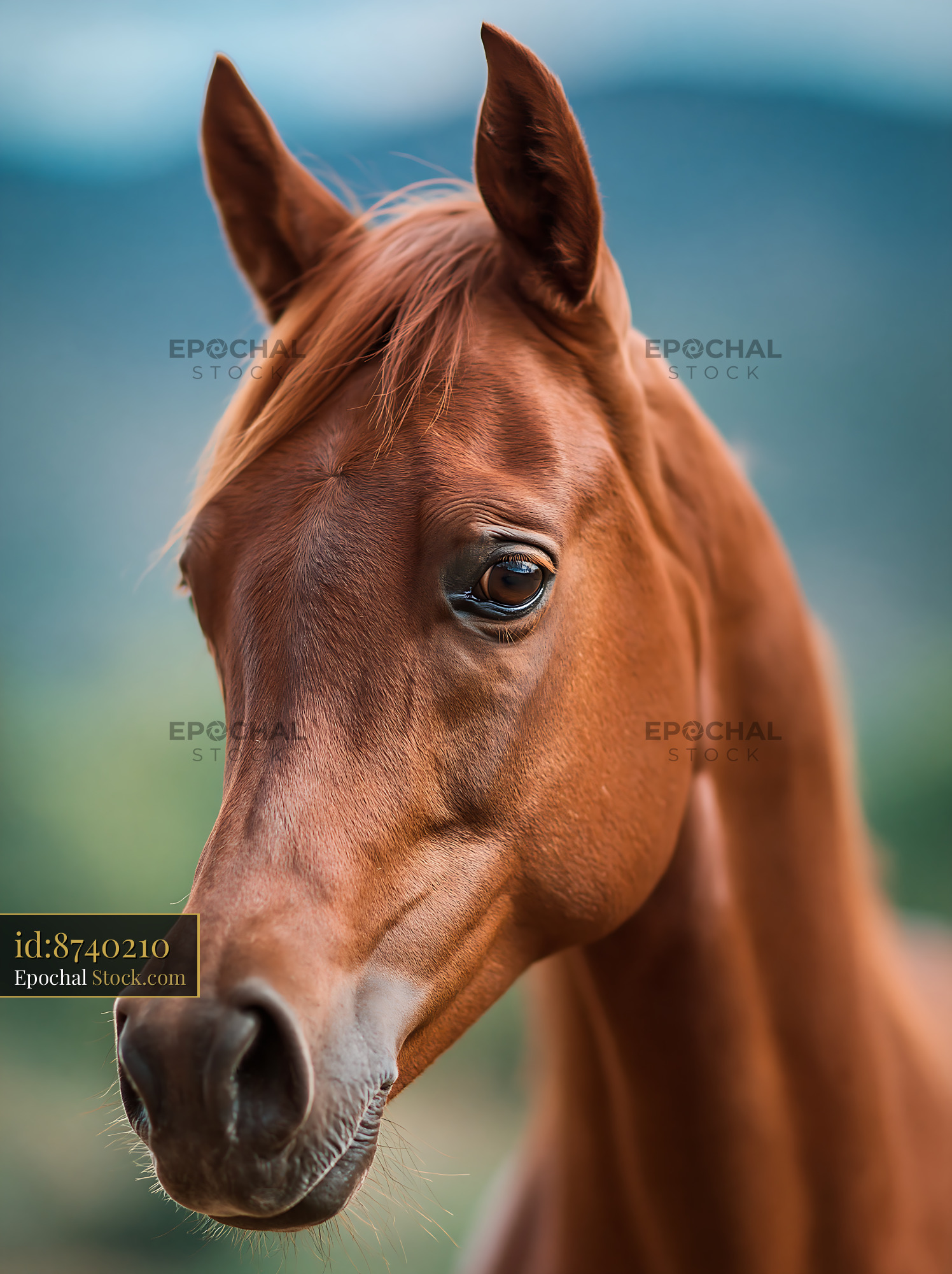 Chestnut horse portrait with soulful eyes and alert ears outdoors - stock photo