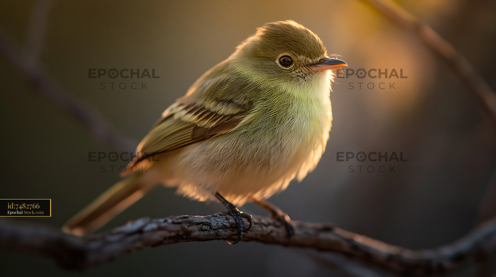 Greenish elaenia perching on branch in warm golden hour light - stock photo