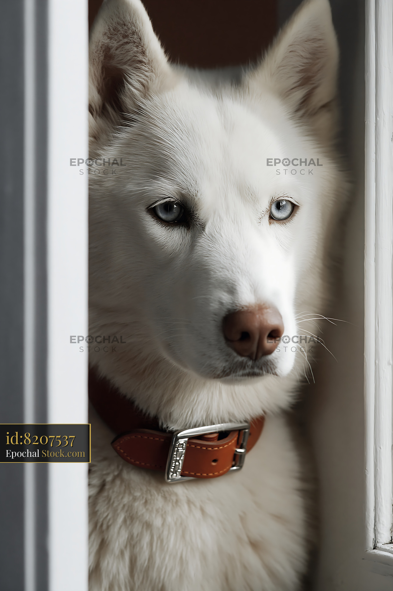 White Siberian Husky with blue eyes peeking through a doorway - stock photo