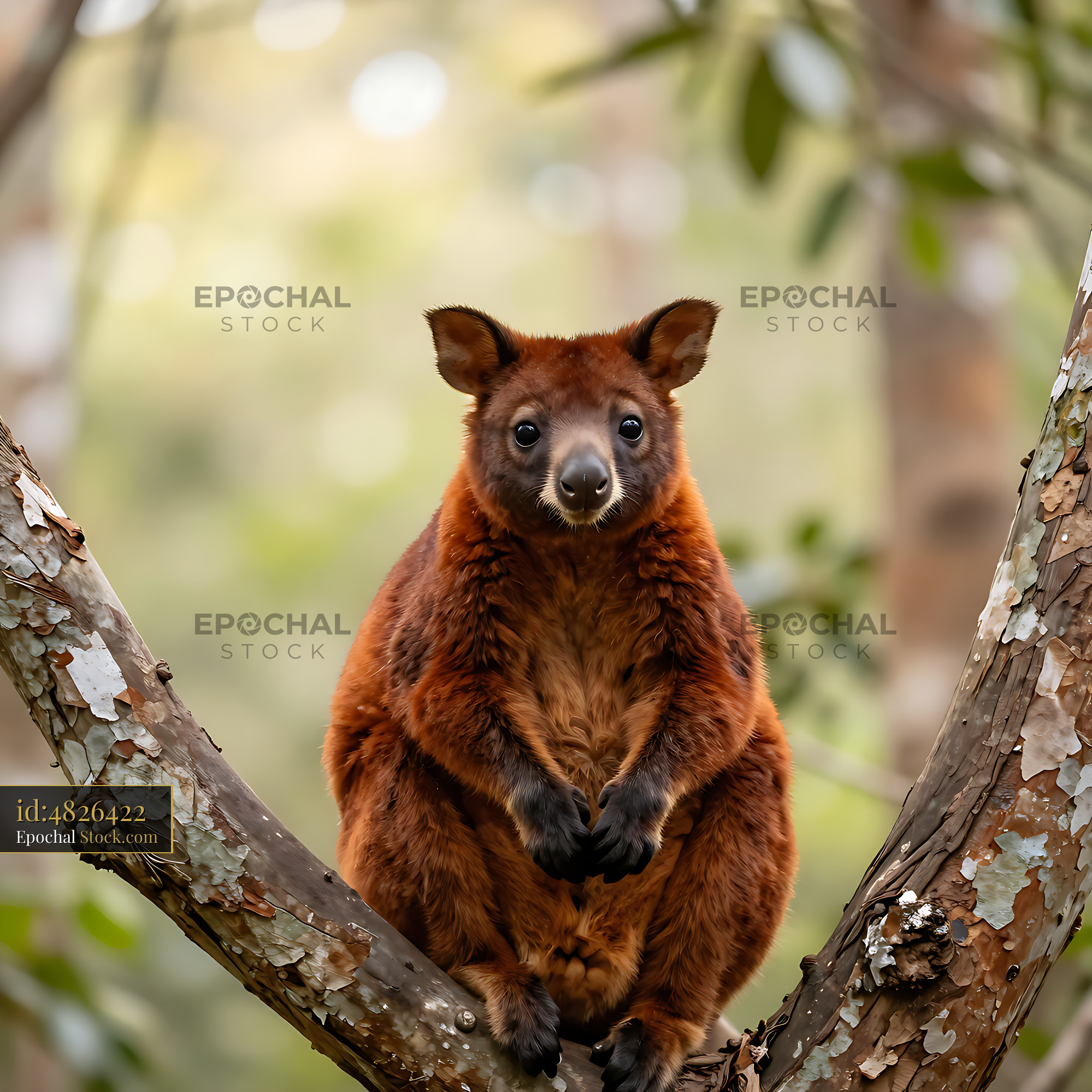 Matschie's tree kangaroo perched on a branch in a lush forest - stock photo
