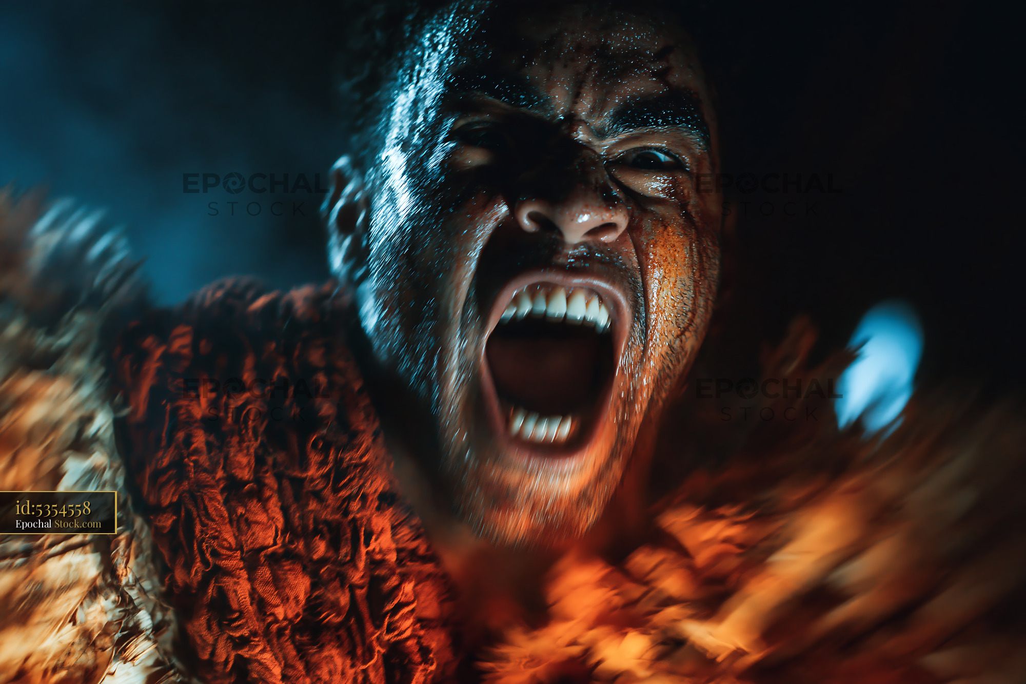 Close up of an aggressive young man screaming a primal battle cry - stock photo