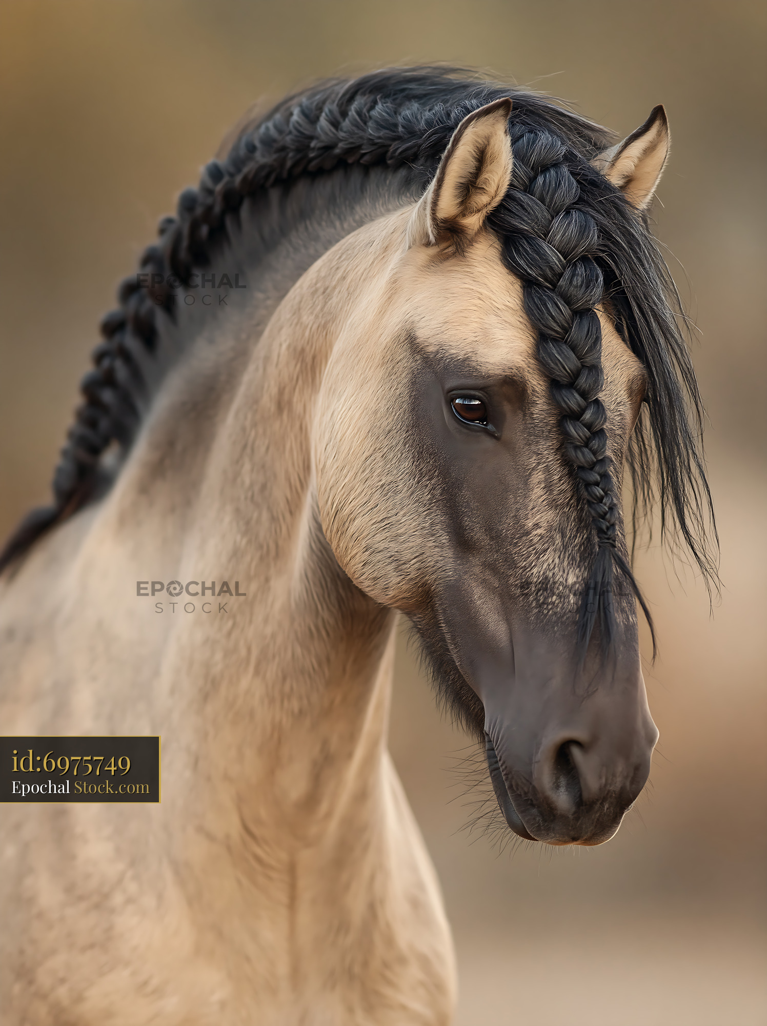 Portrait of a buckskin horse with braided mane - stock photo