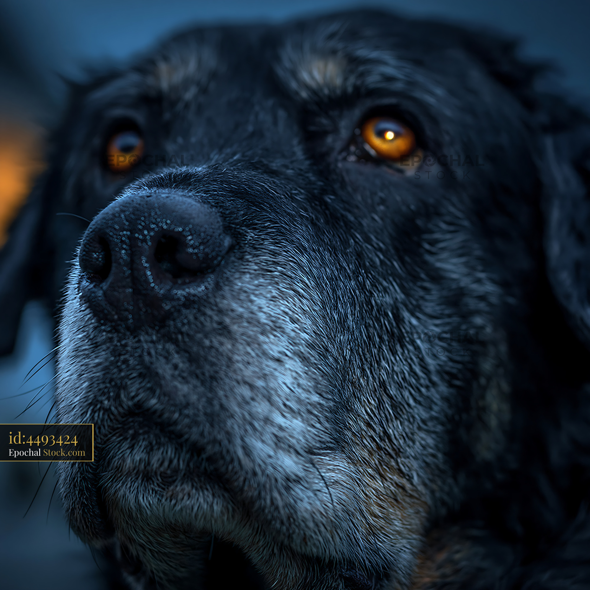 Close up of a senior dog with grey muzzle and expressive amber eyes