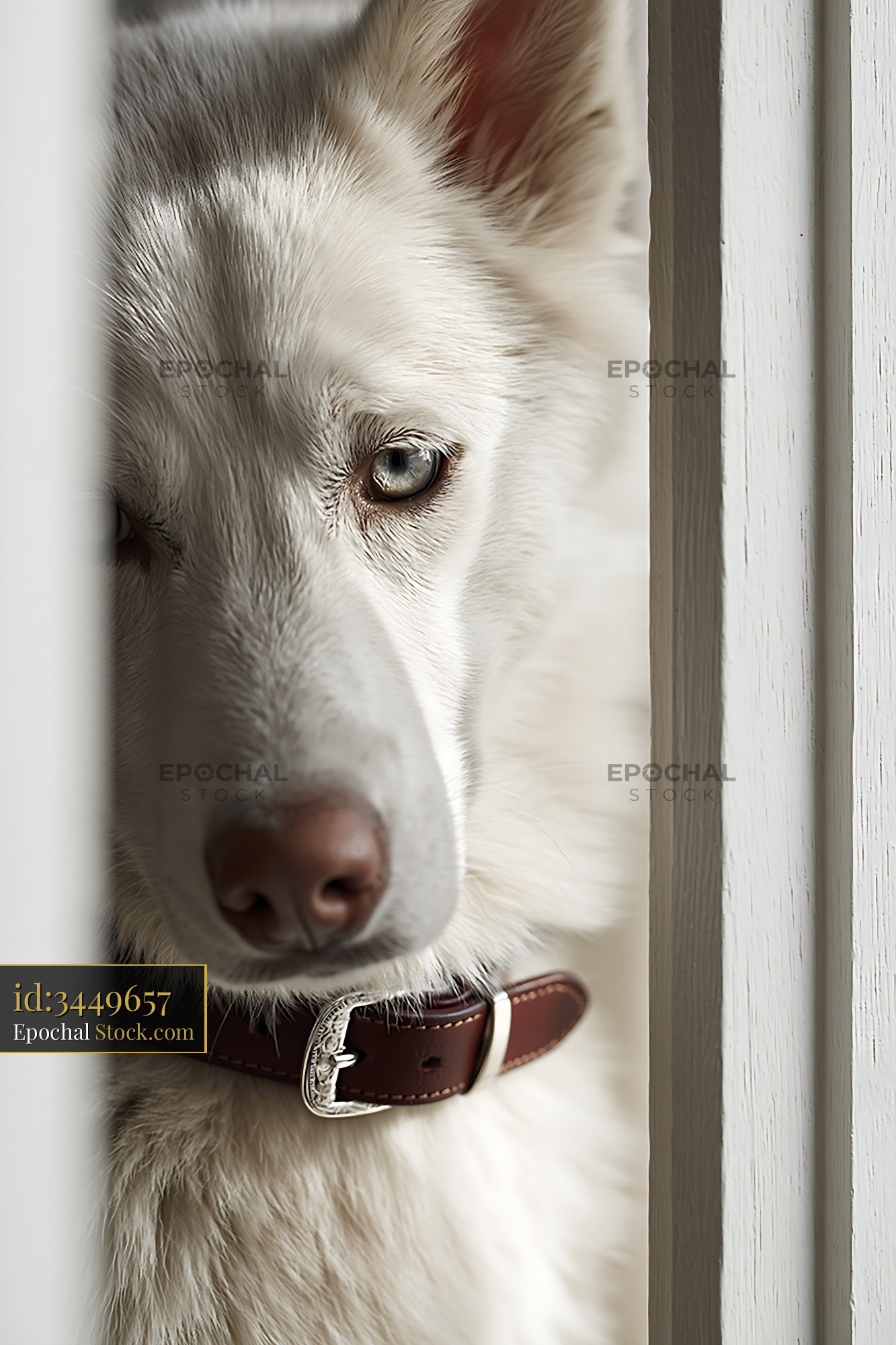 White husky with blue eyes peeking through a narrow door gap - stock photo