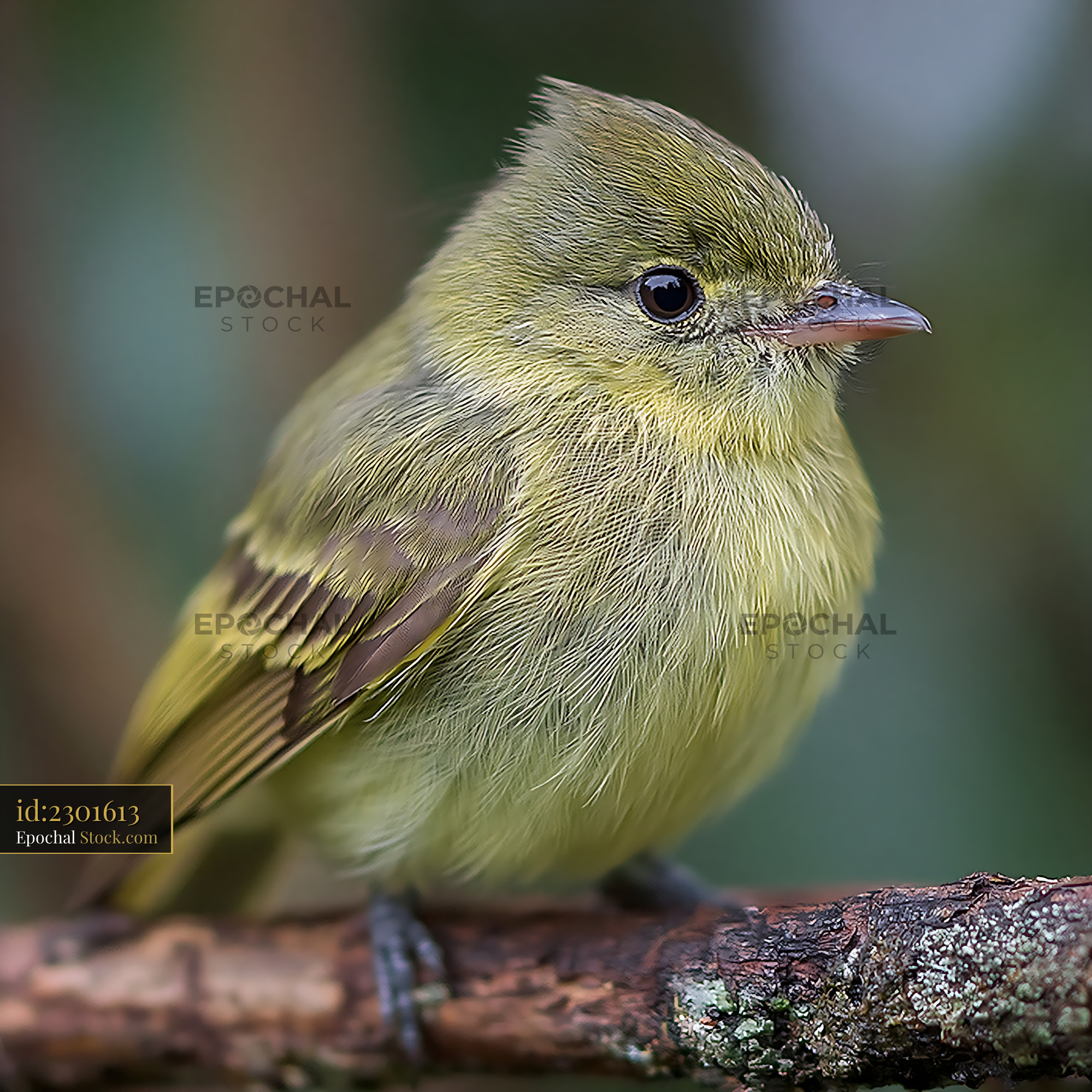 Greenish elaenia perching on a mossy tree branch in the forest - stock photo