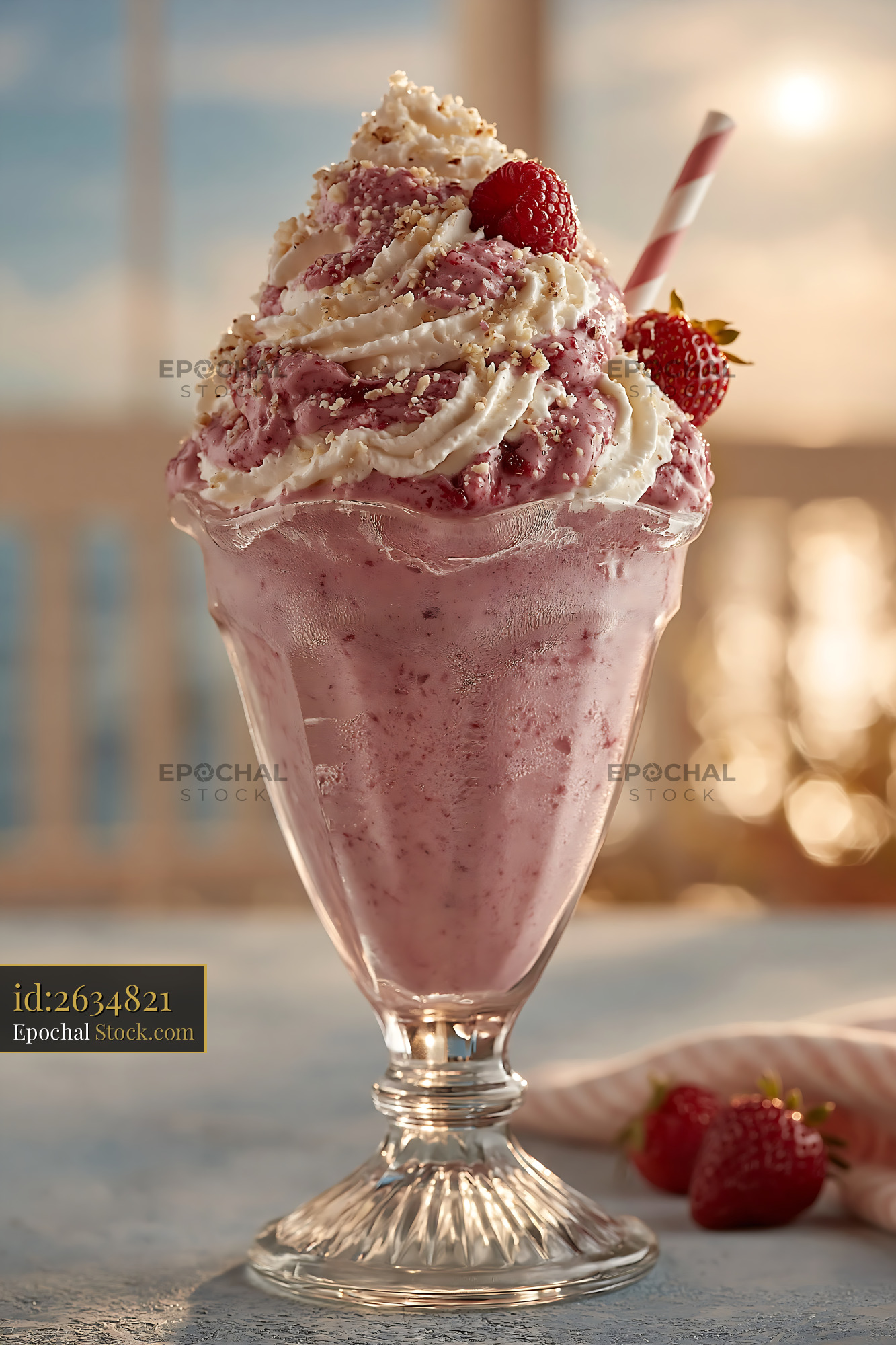 Plum wine cream milkshake with fresh berries and whipped cream - stock photo