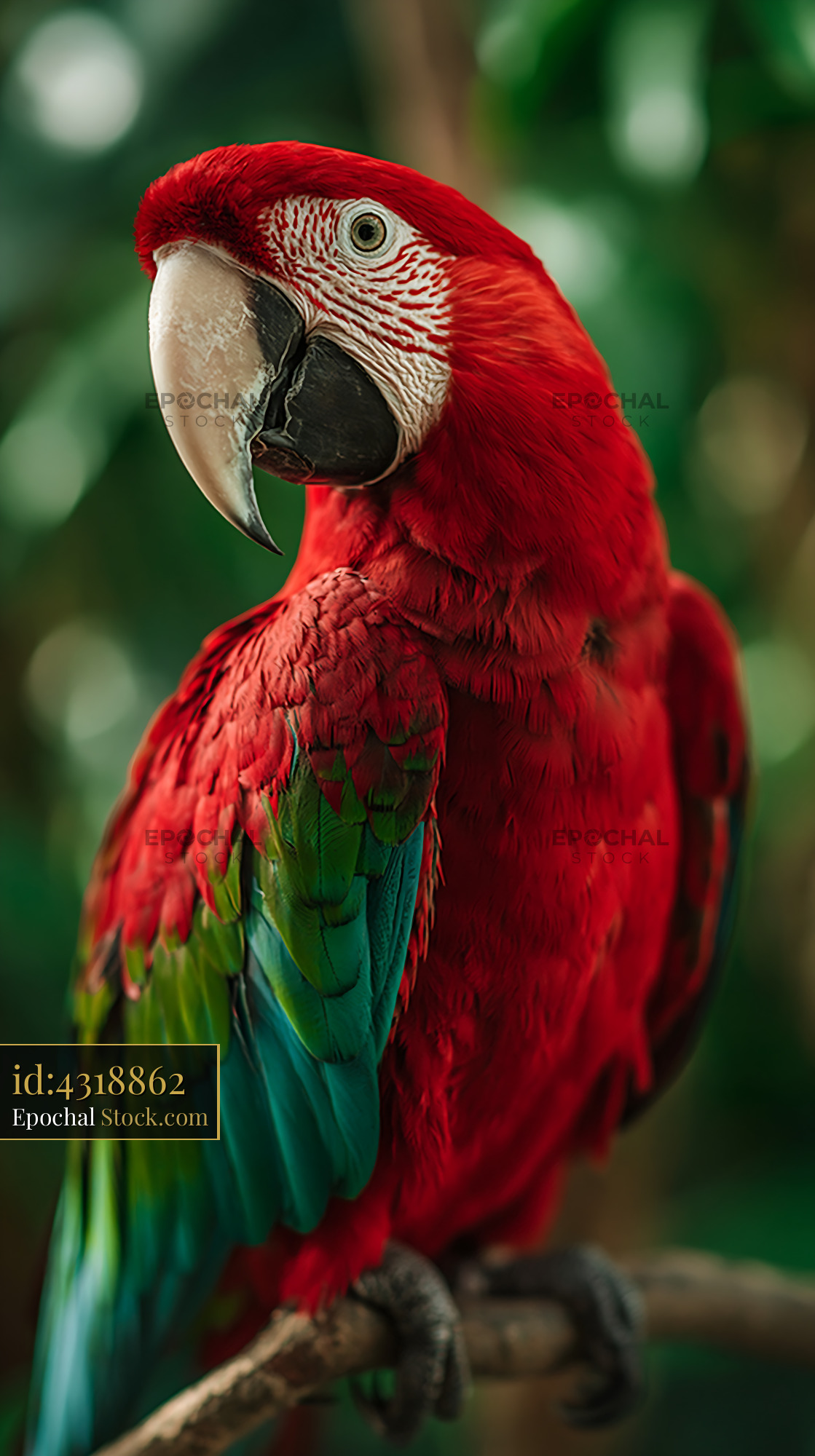 Red-and-green macaw perched on a branch in a tropical rainforest - stock photo