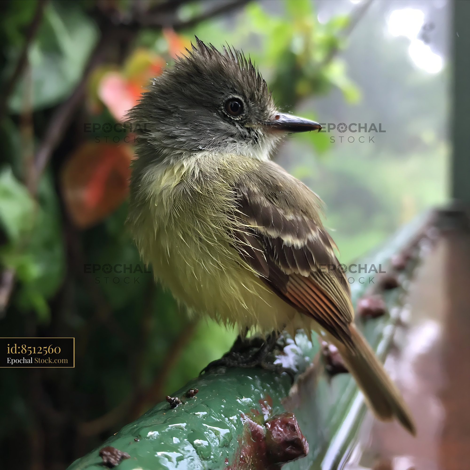 Small wet bird with ruffled feathers perched on a green railing - stock photo