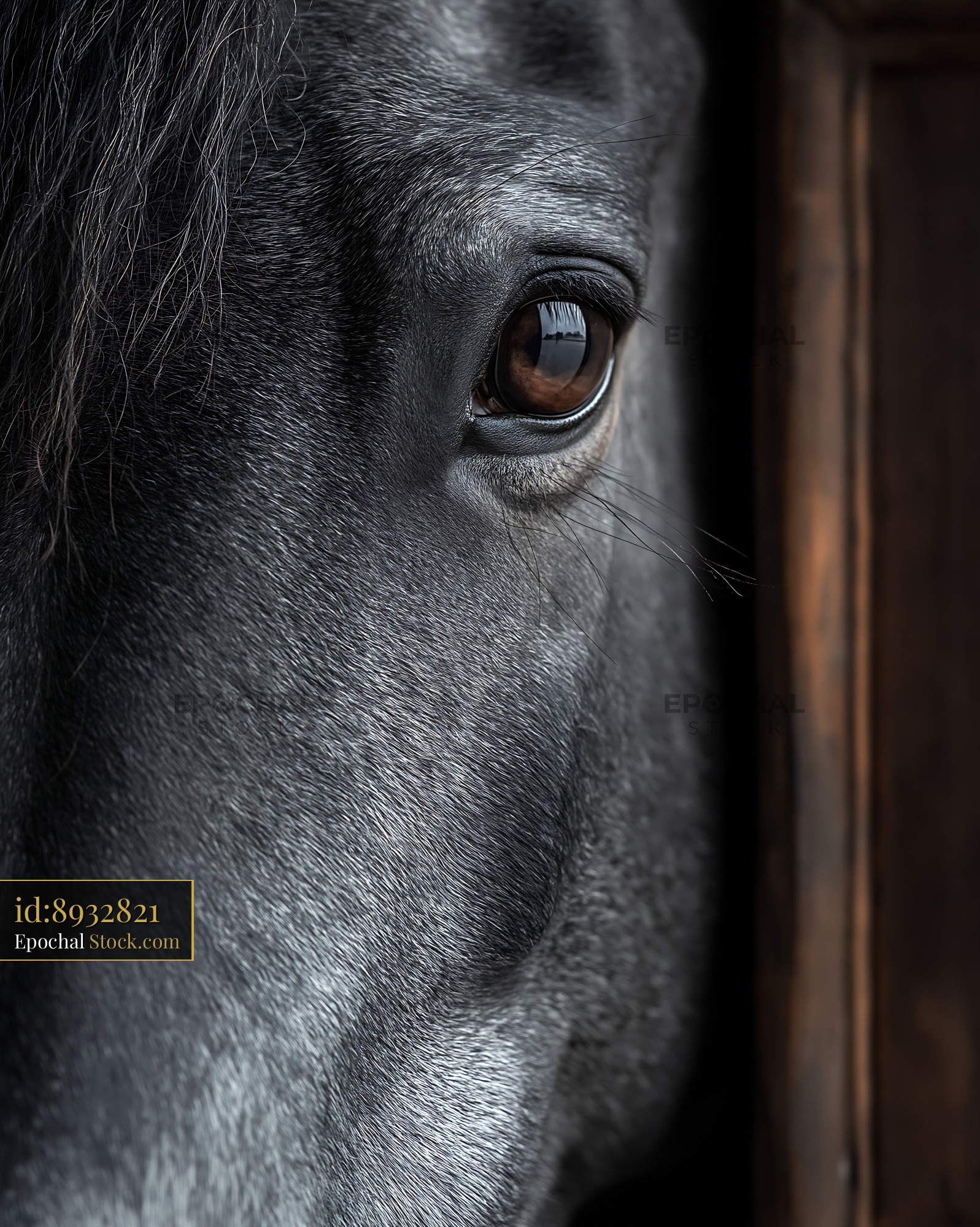 Close up of a dark horse eye reflecting a landscape in a stable