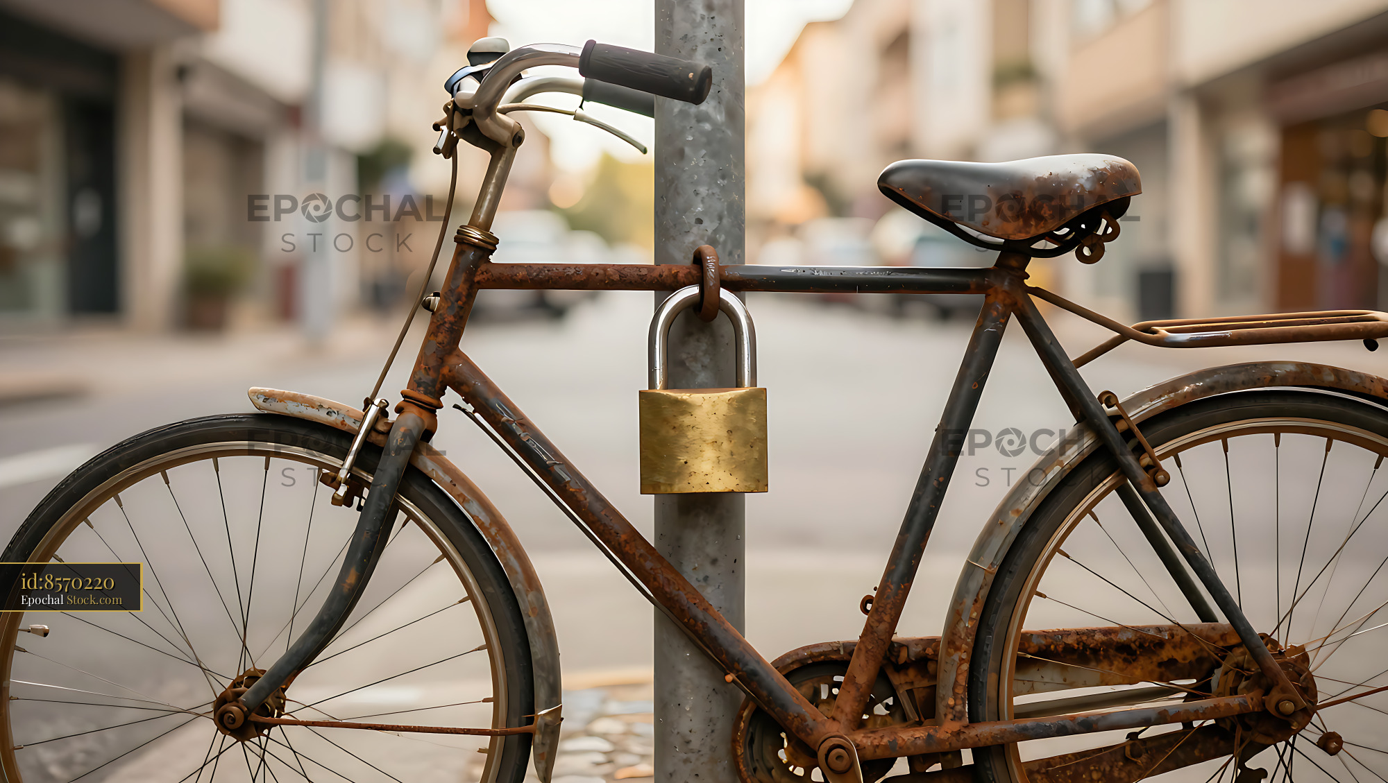 Old rusty bicycle locked to a metal pole on a city street - stock photo