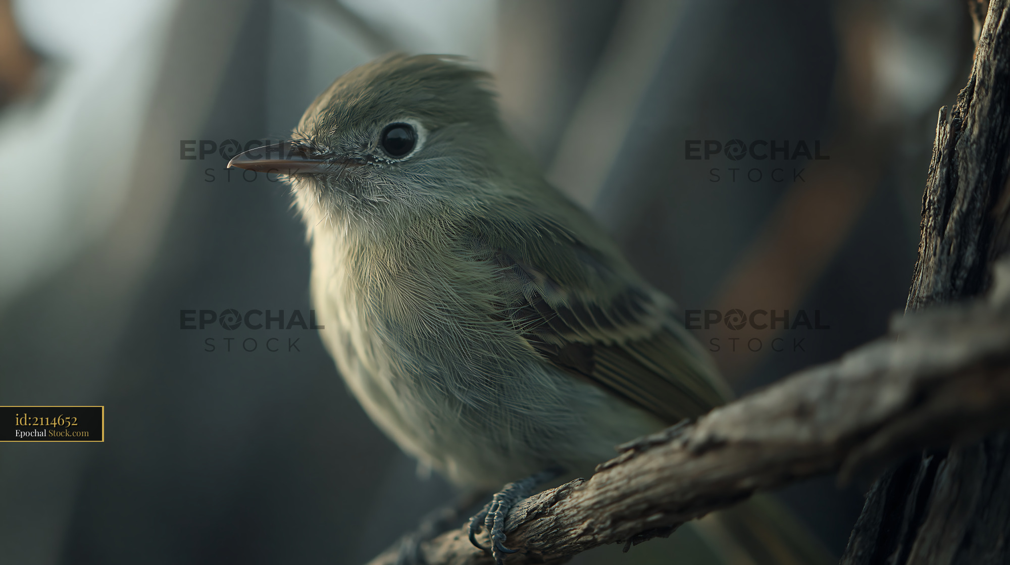 Greenish elaenia perching on a textured branch in soft light - stock photo