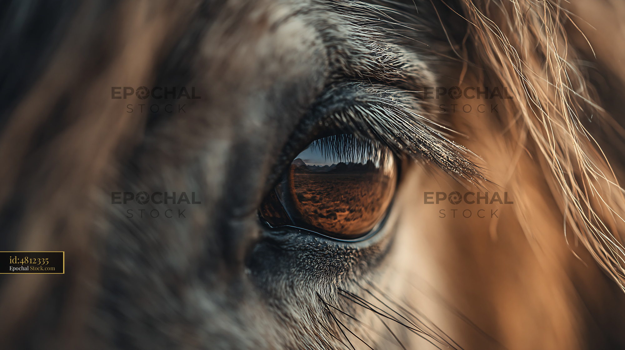 Extreme close up of a horse eye reflecting a vast mountain landscape