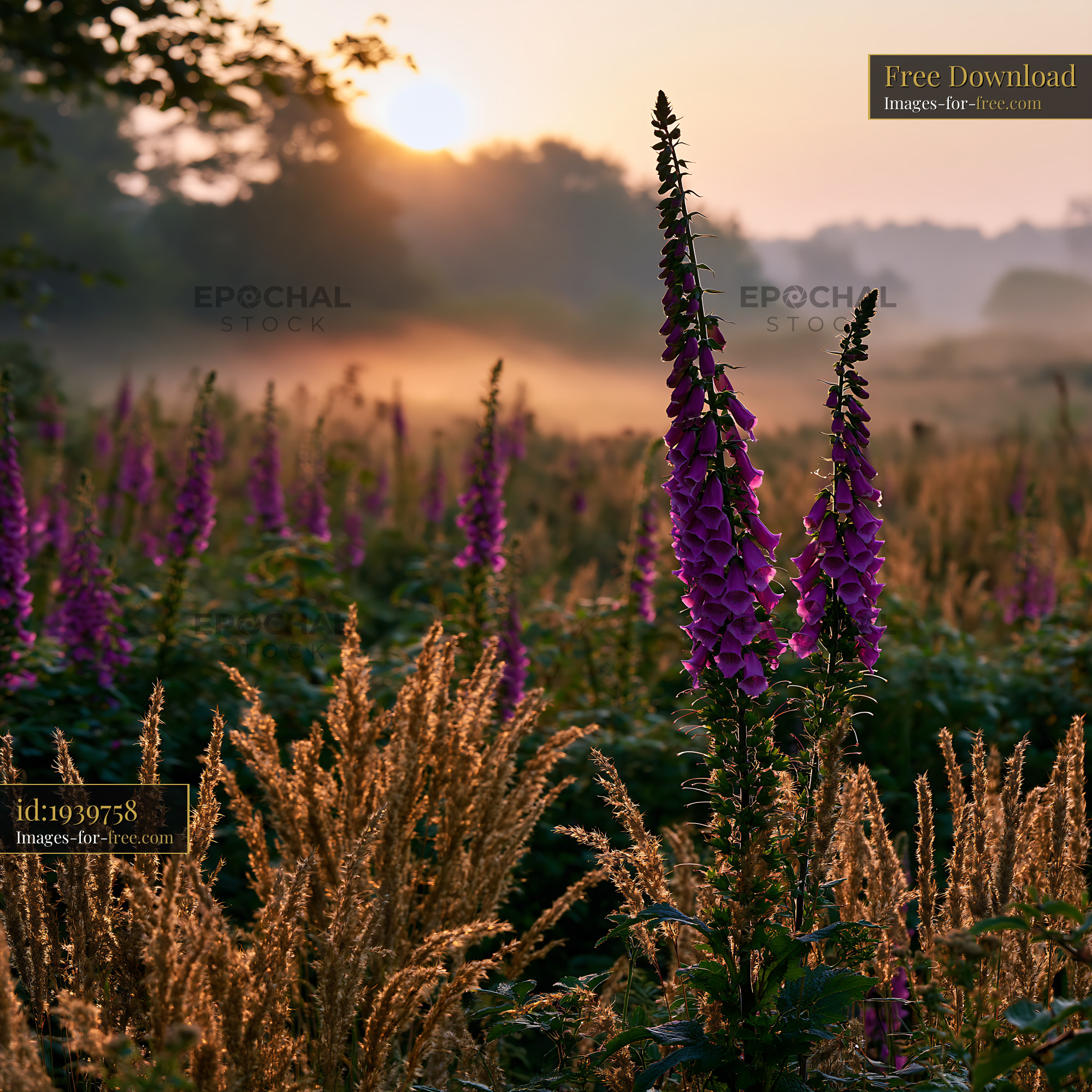 Foxglove Blooming at Sunrise in a Meadow With Golden Grass - stock photo