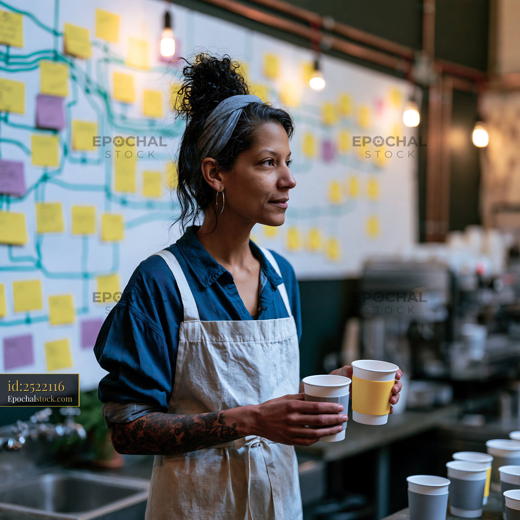 Watermarked full-resolution preview of Barista holds cups while planning coffee shop layout