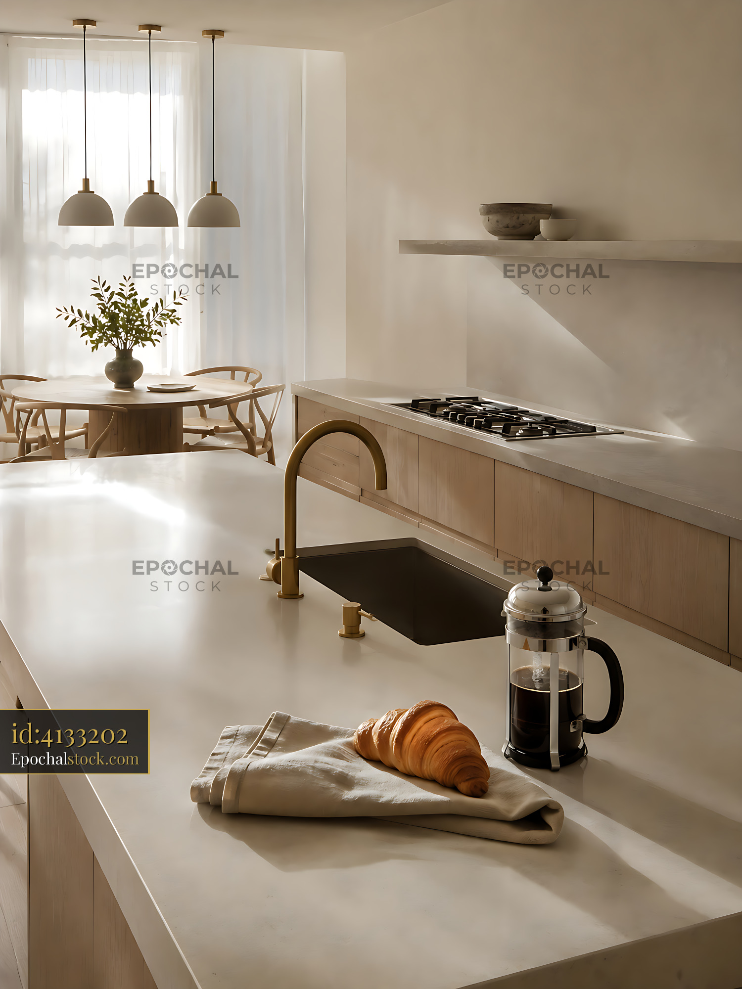 Watermarked full-resolution preview of Modern kitchen with coffee and croissants on the countertop