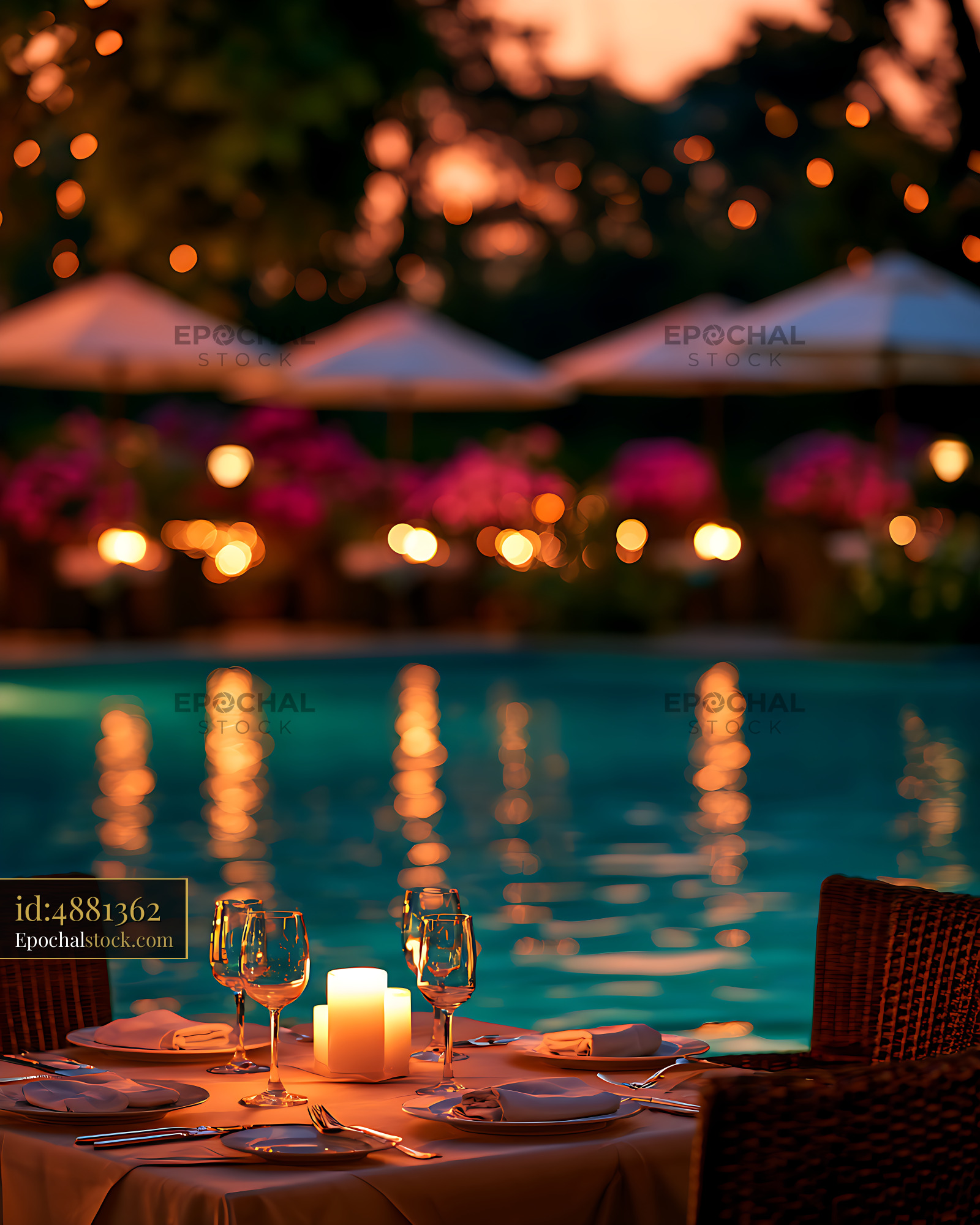 Watermarked full-resolution preview of Outdoor candlelit dining table by a pool