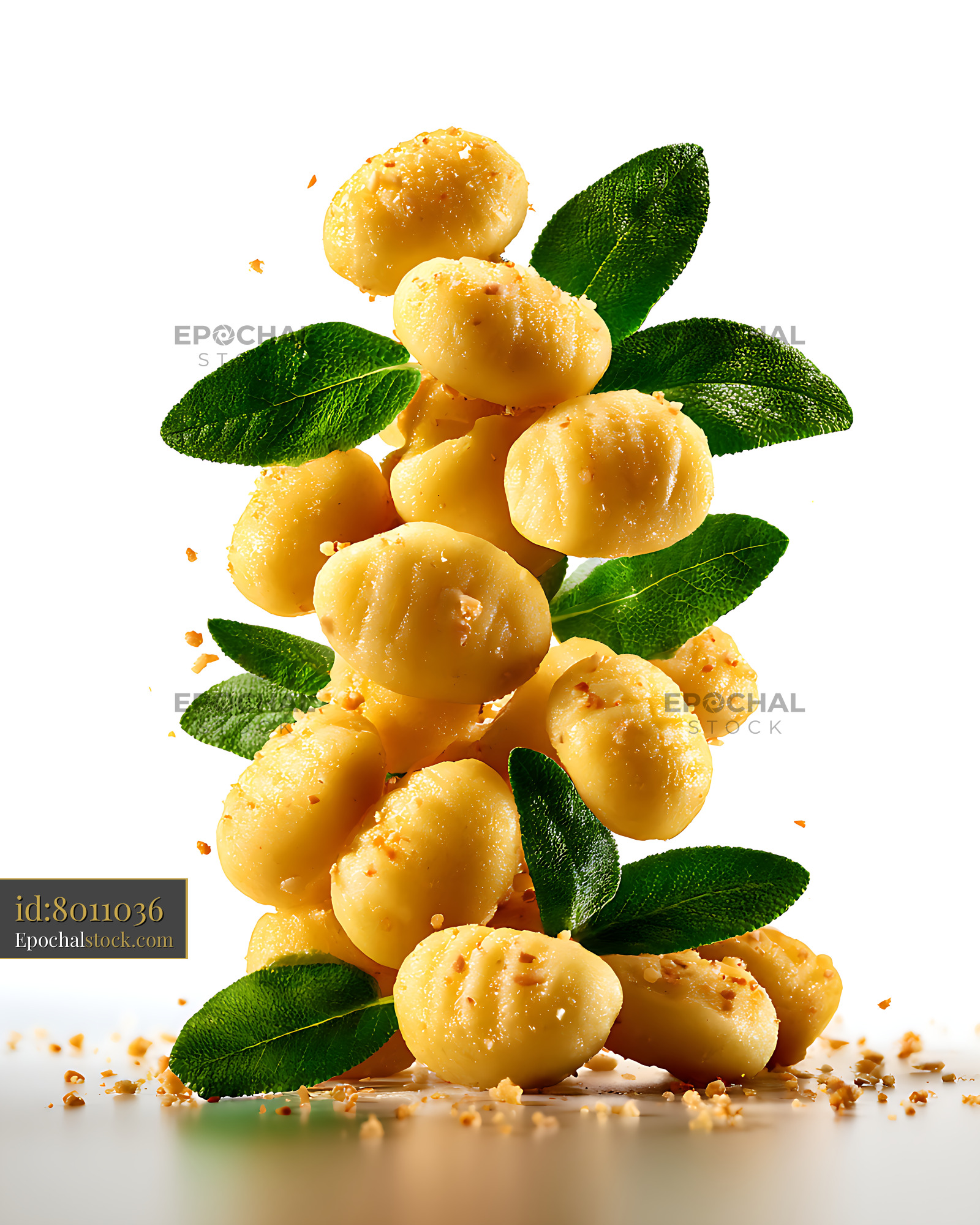Watermarked full-resolution preview of Golden pasta dumplings arranged with fresh sage