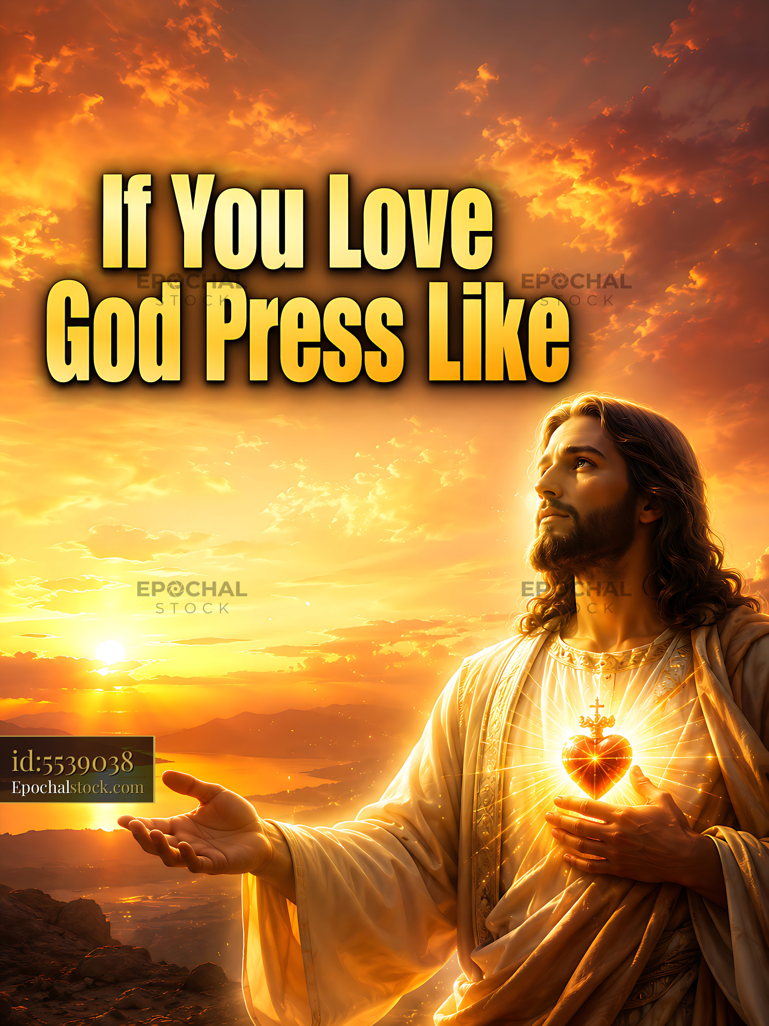Jesus Holding Heart With Sunset Background and Text Message - stock photo