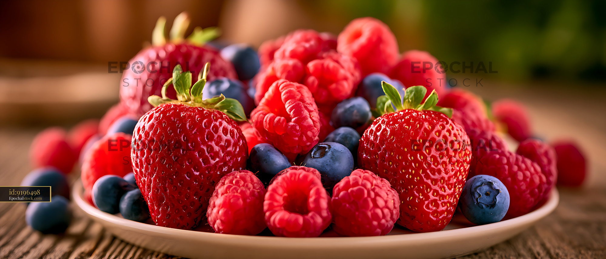 Watermarked full-resolution preview of Colorful mixed berries arranged on a plate