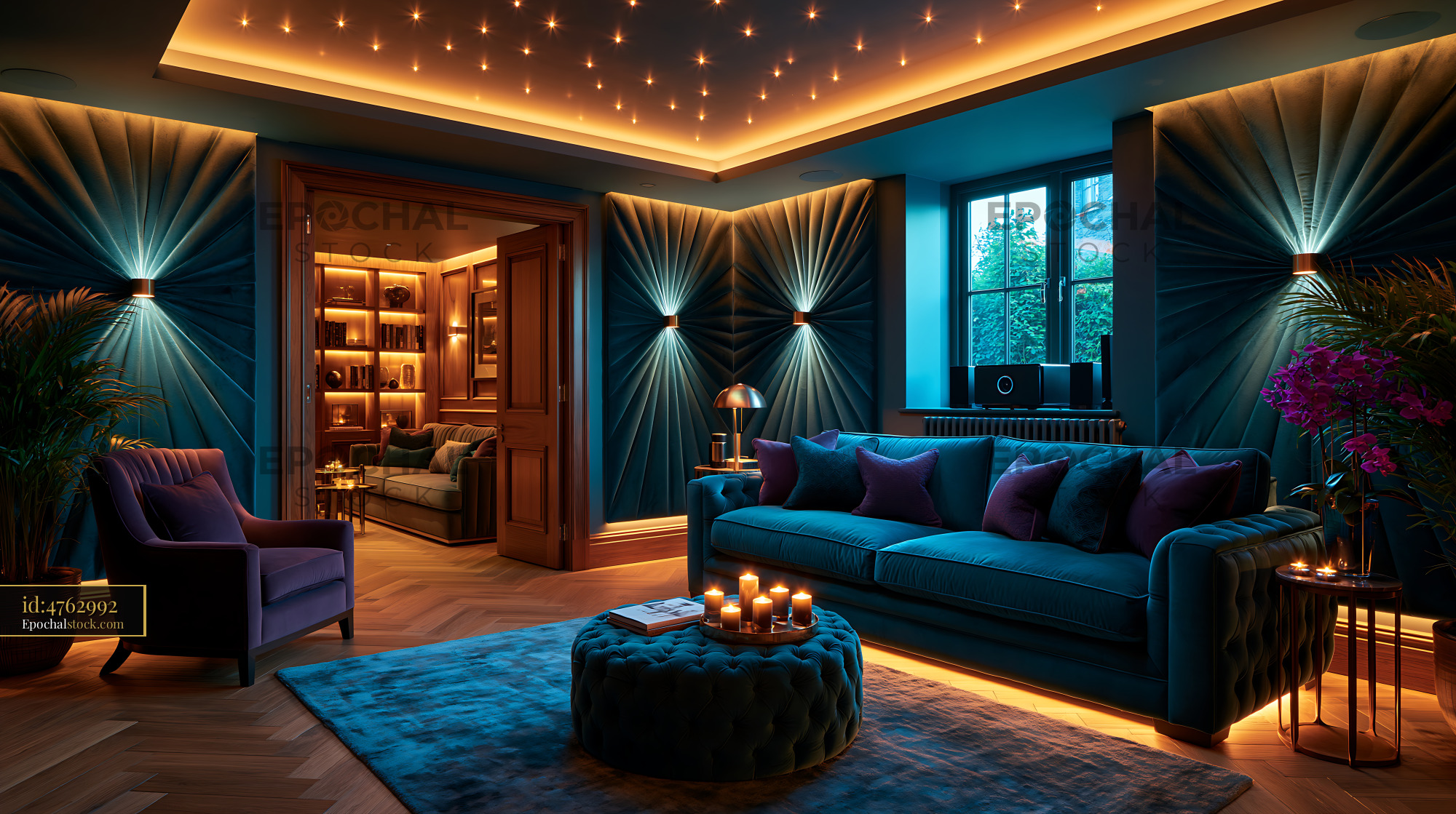 Watermarked full-resolution preview of Elegant living room with blue tones and soft lighting