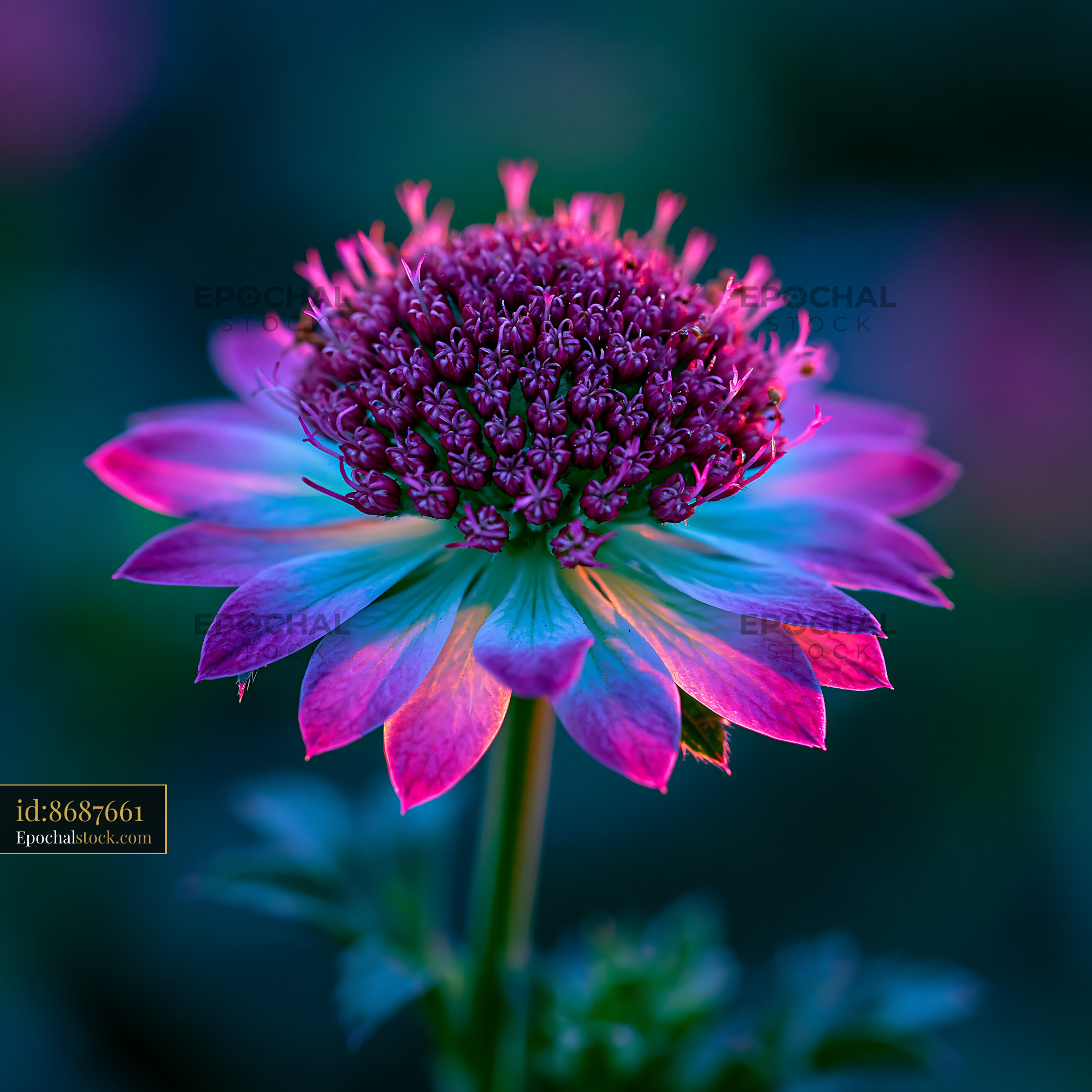 Watermarked full-resolution preview of Colorful flower with purple and blue petals in natural light