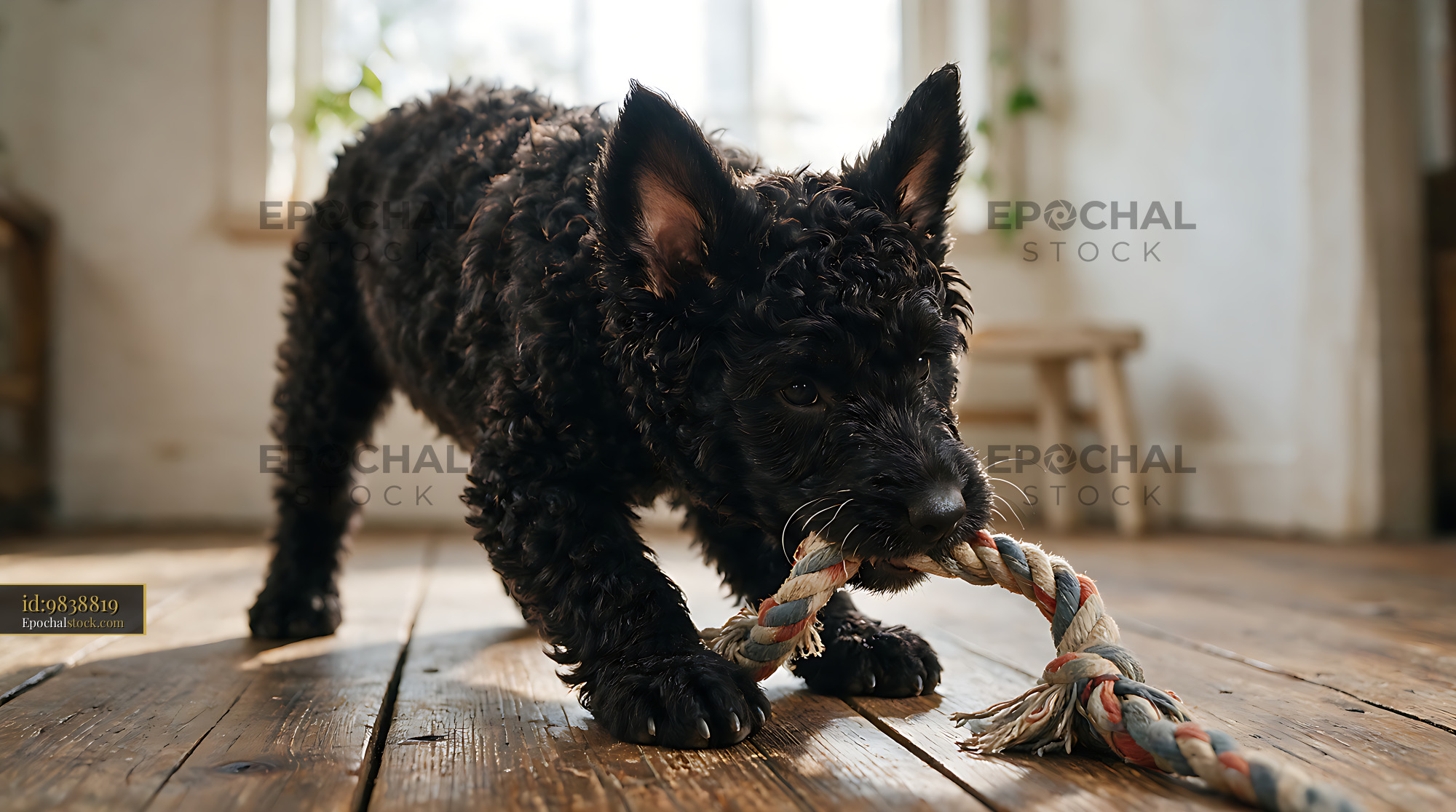 Watermarked full-resolution preview of Curly black puppy tugging a braided rope toy