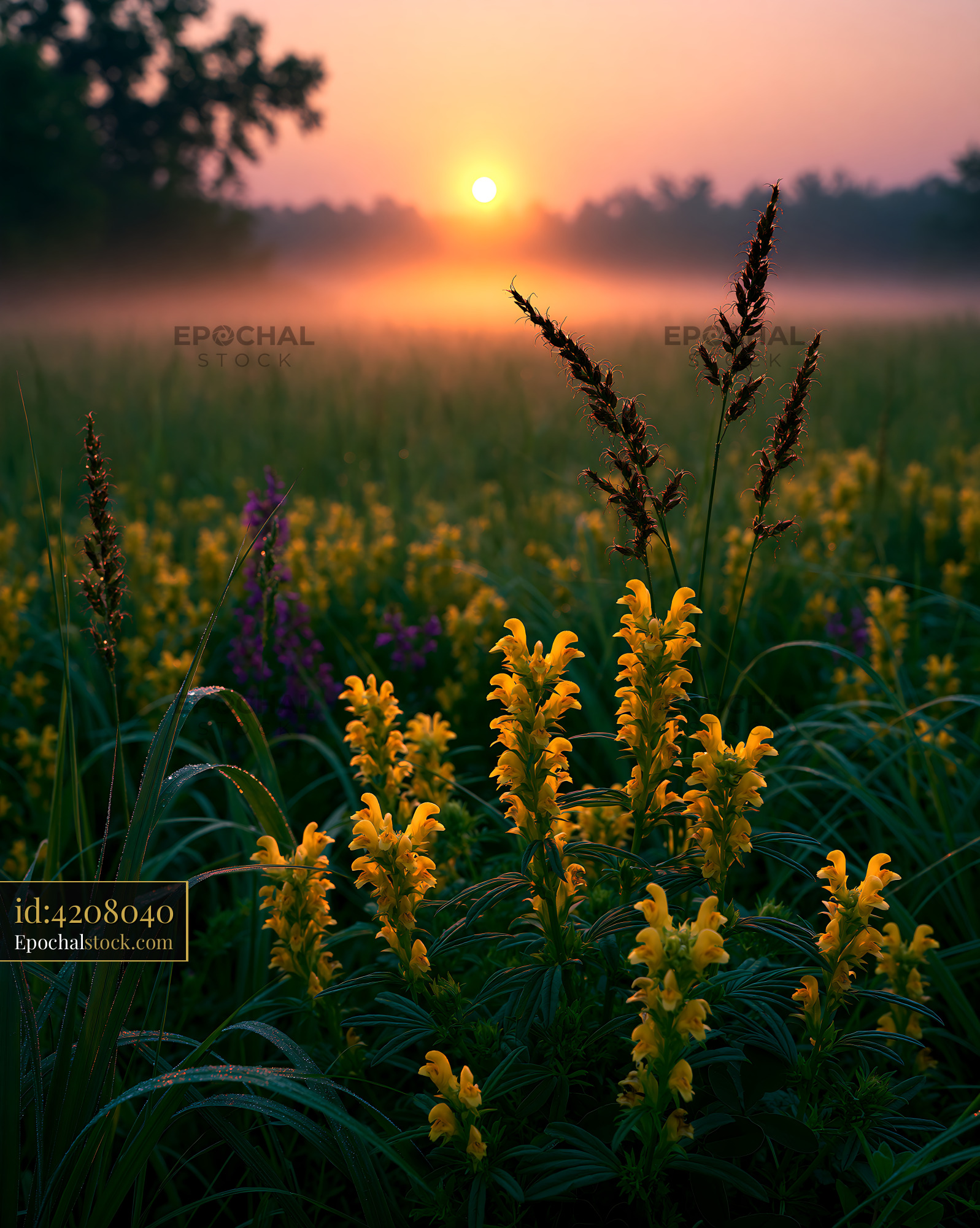 Watermarked full-resolution preview of Sunrise over a field of yellow flowers and mist