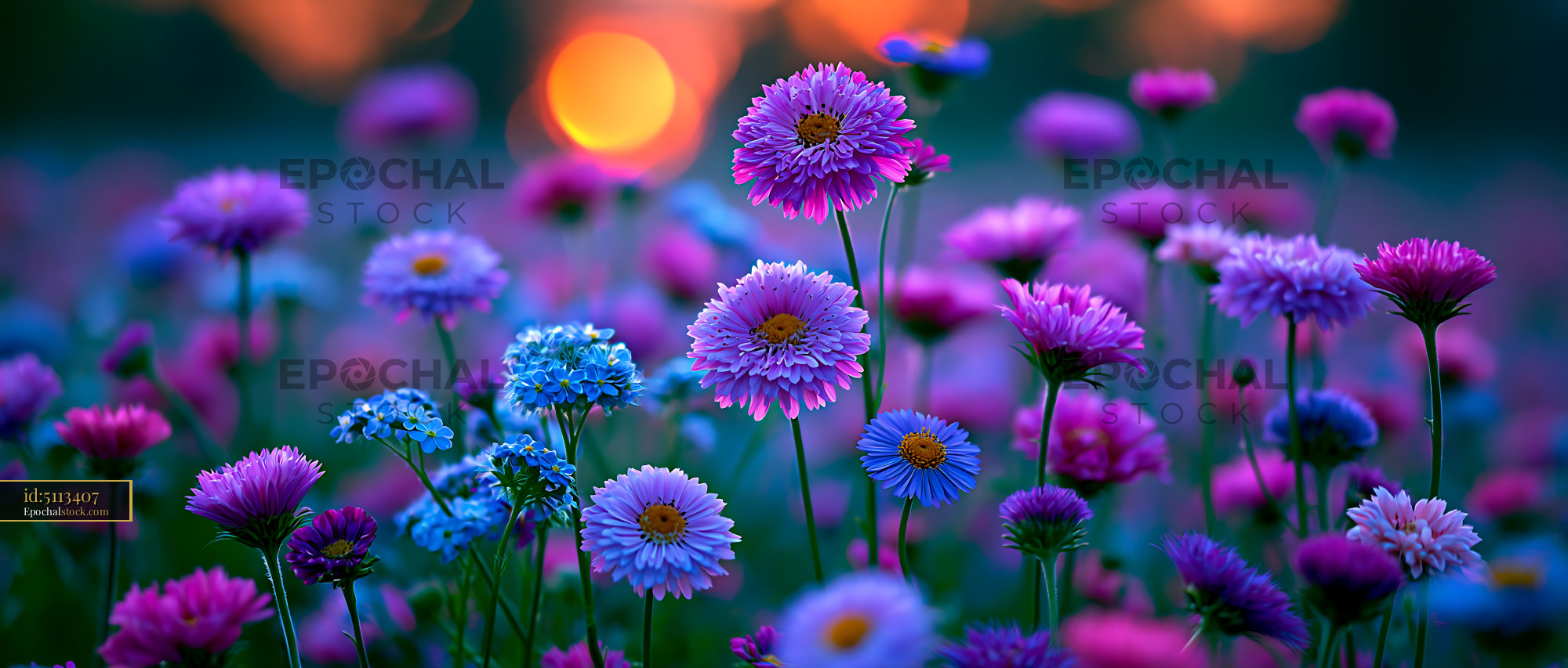 Watermarked full-resolution preview of Colorful flowers bloom during sunset in a garden