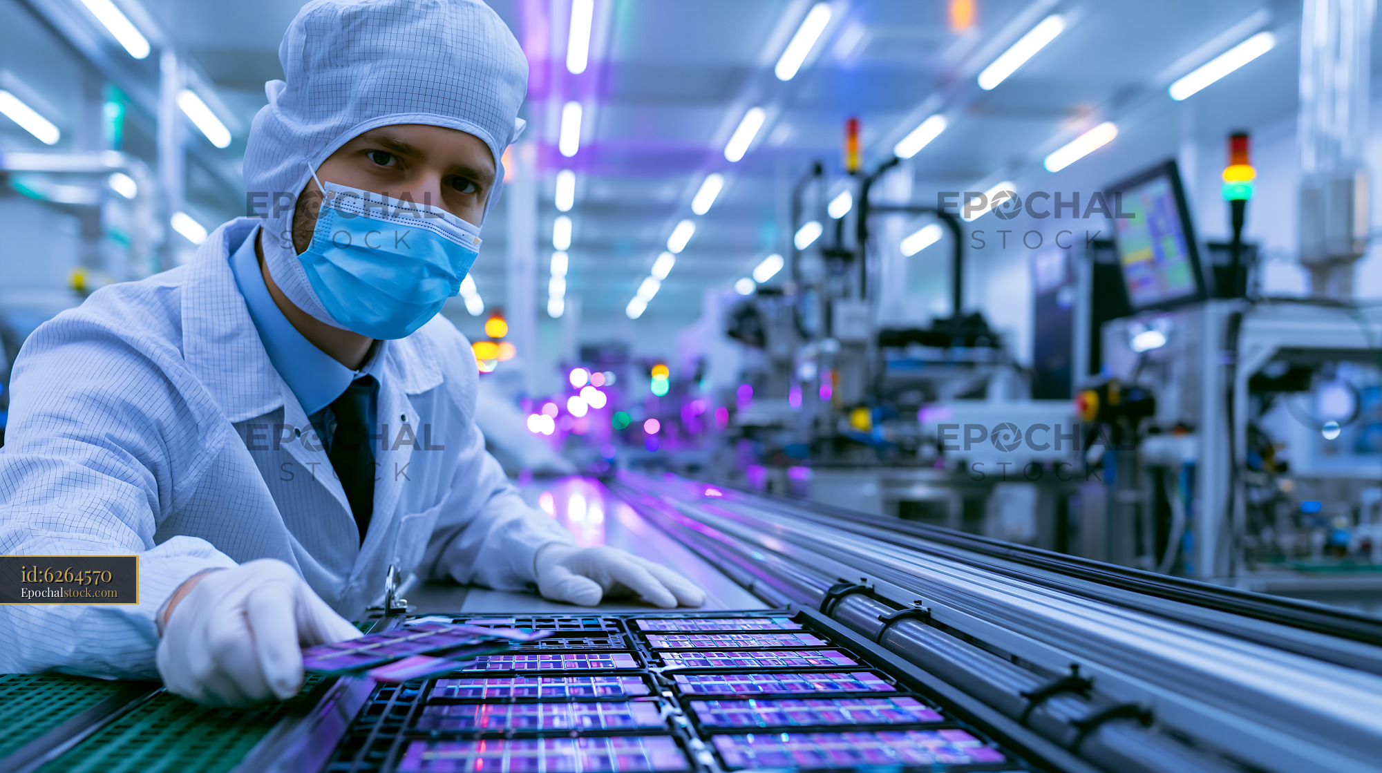 Watermarked full-resolution preview of Man working in a clean room setting with electronic components