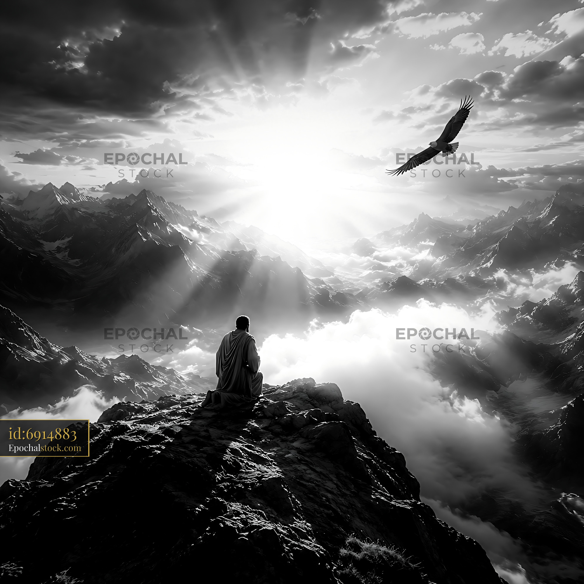 Watermarked full-resolution preview of Man sitting on rock with eagle flying in mountains at sunset