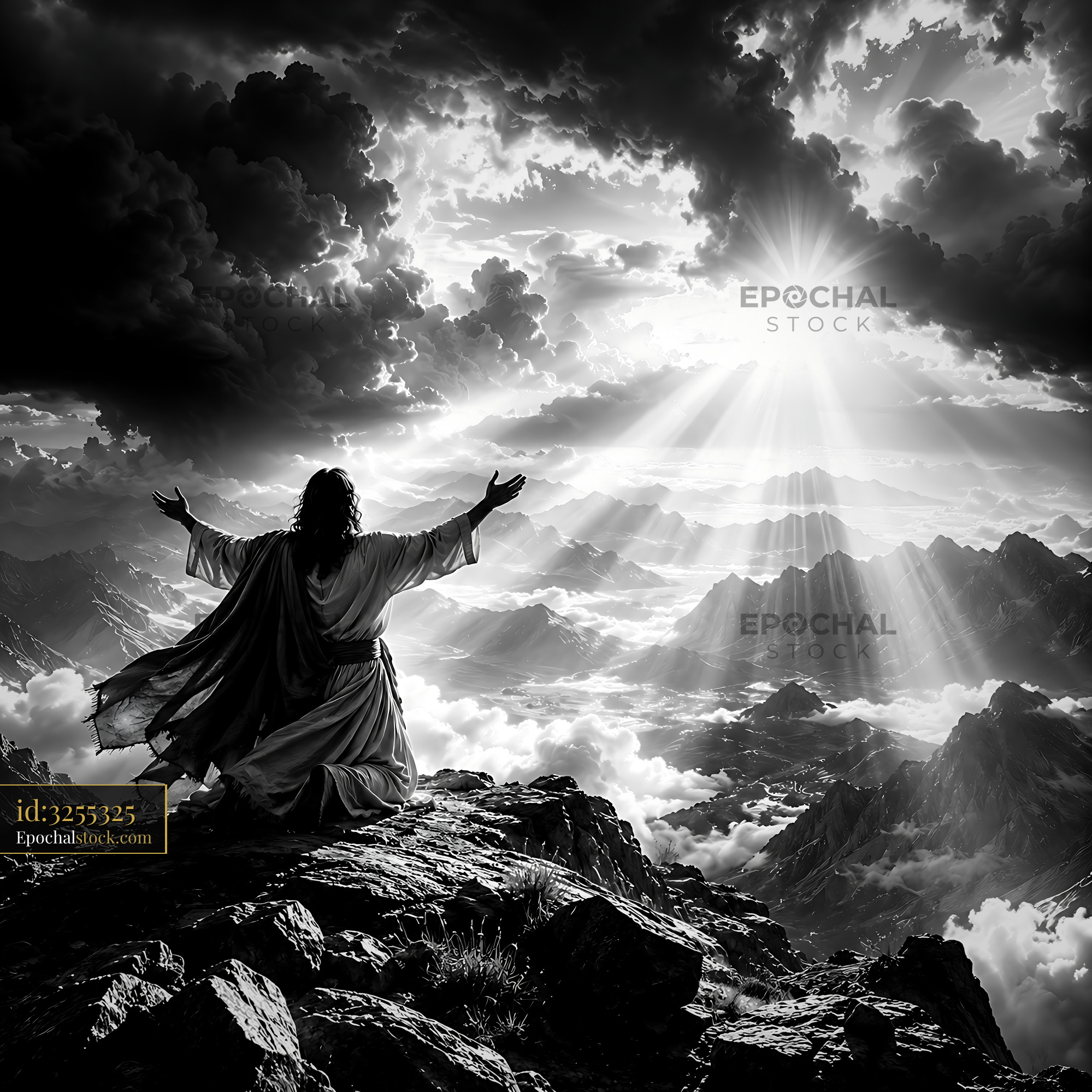 Watermarked full-resolution preview of Figure overlooking mountains and clouds under dramatic sky